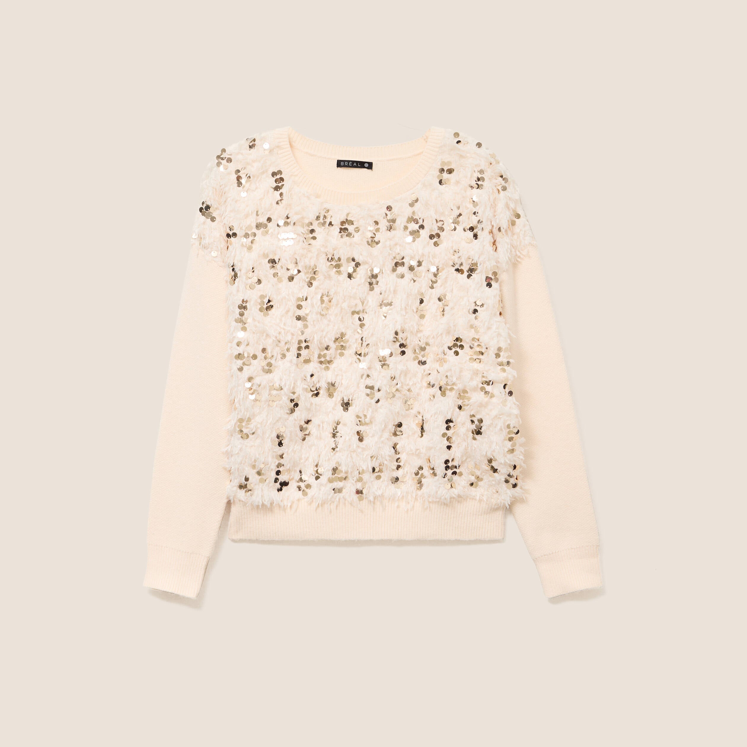 Pull col rond manches longues doubl&eacute; ecru femme
