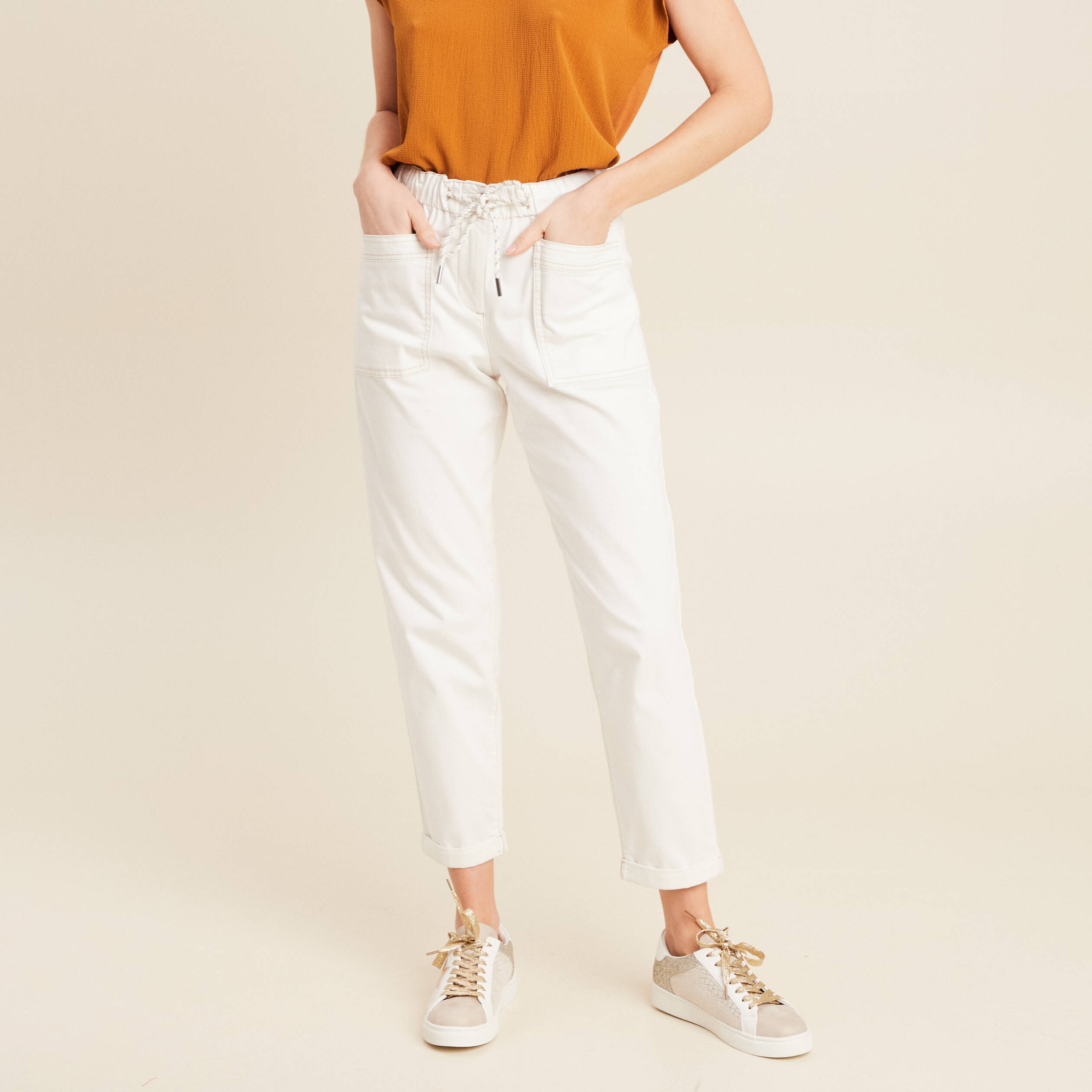 pantalon coupe droite a coulisse blanc femme Pantalon coupe droite à coulisse blanc femme