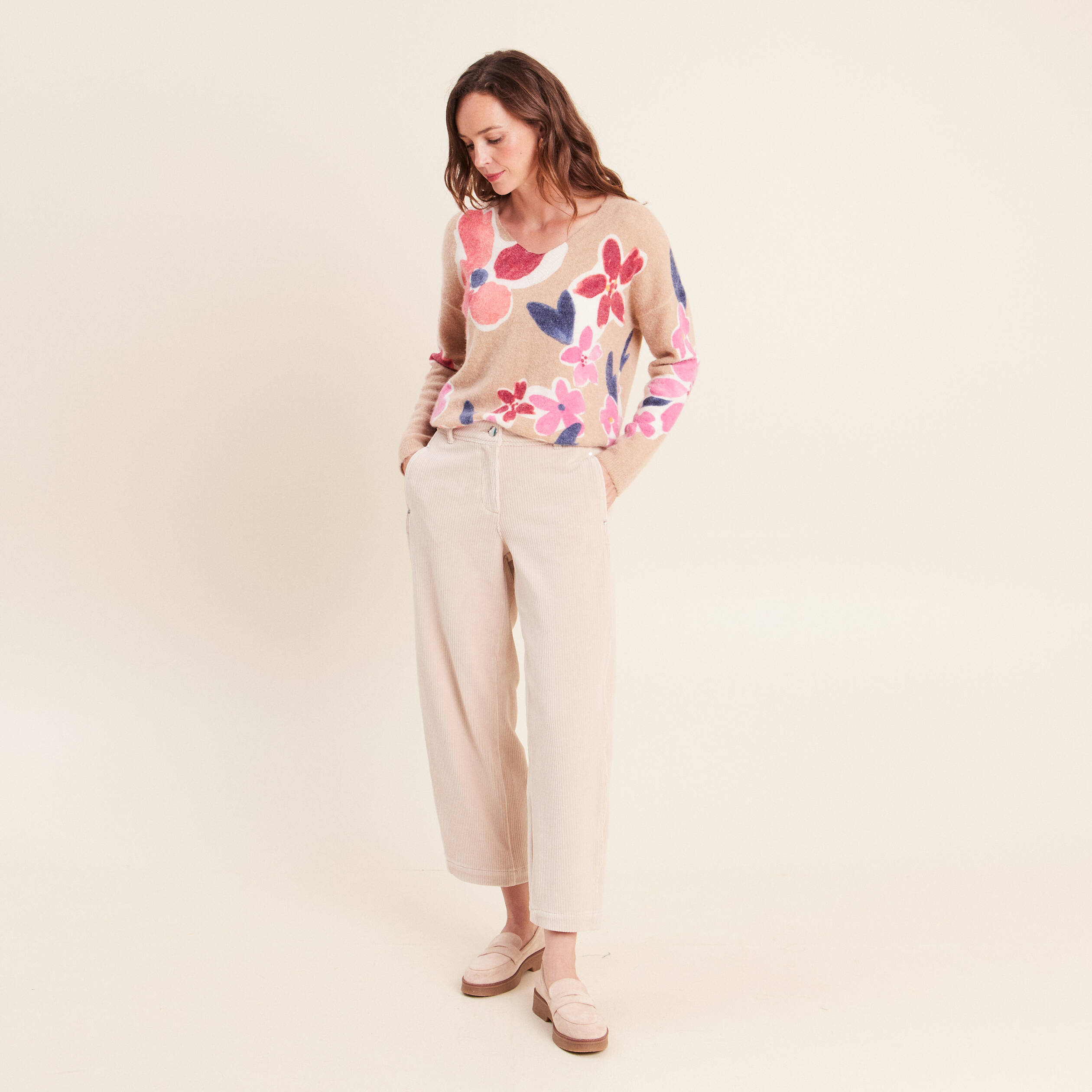 Pantalon boyfriend 7/8&egrave;me velours sable femme