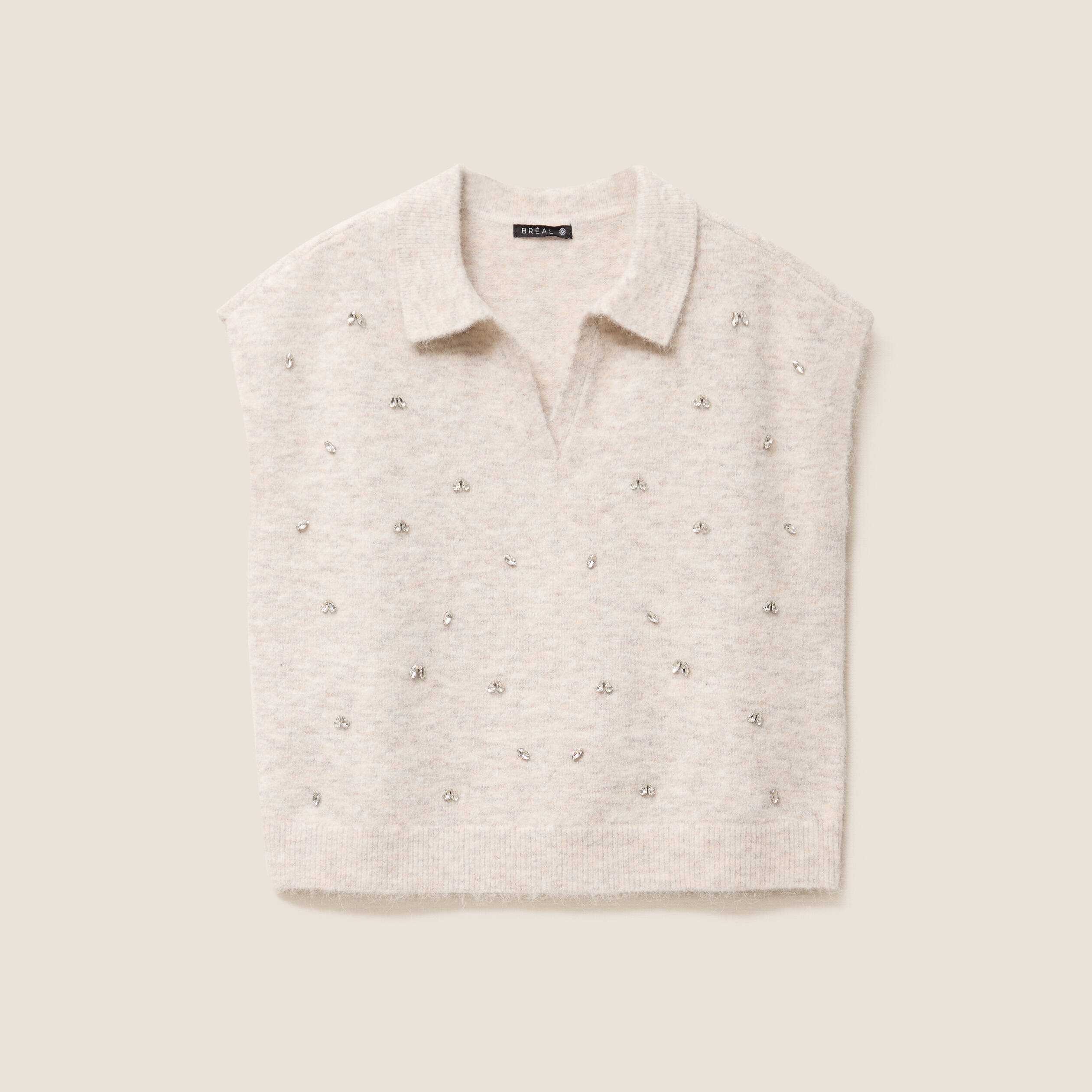 Pull sans manches col chemise beige femme