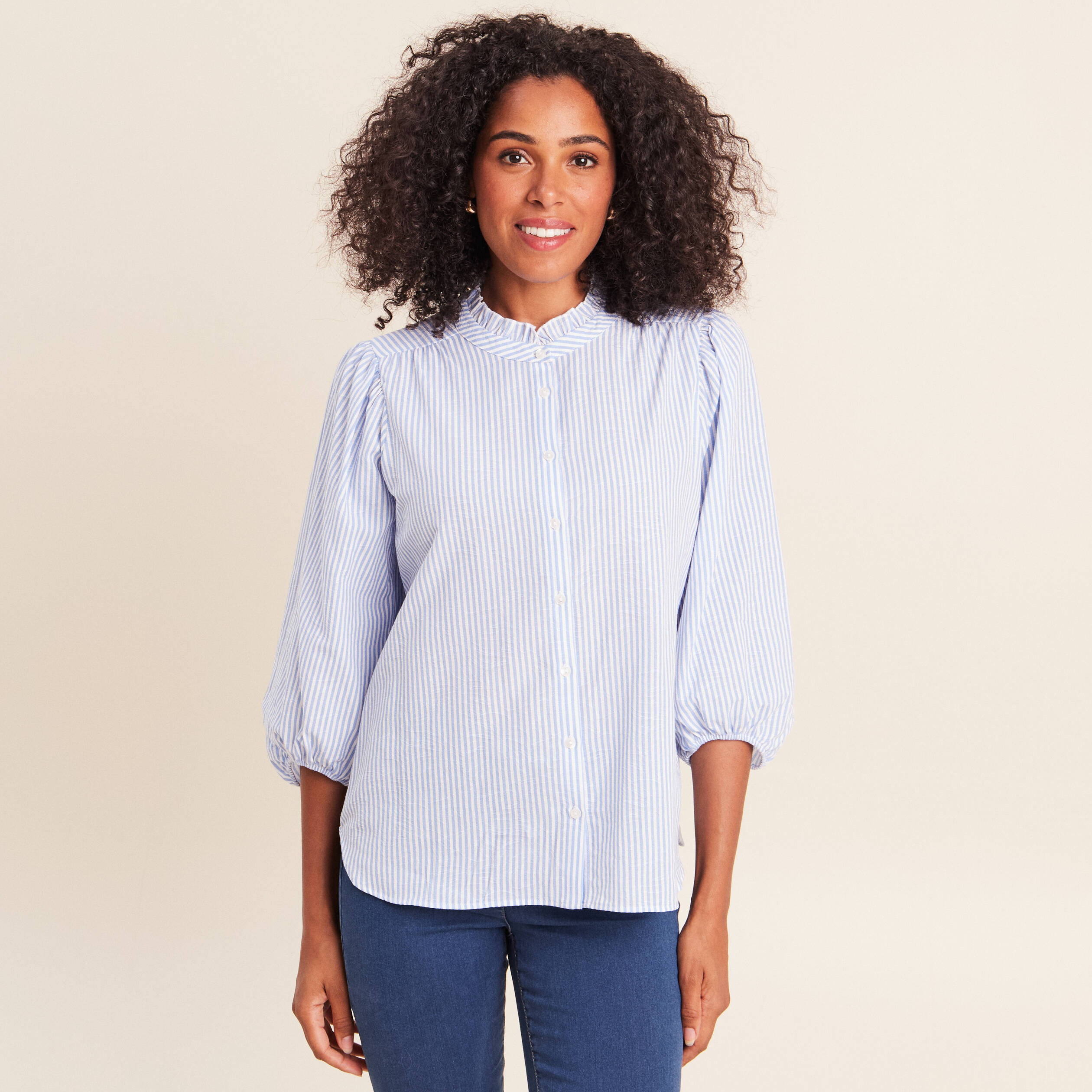 Chemise col montant manches 3/4 bleu femme