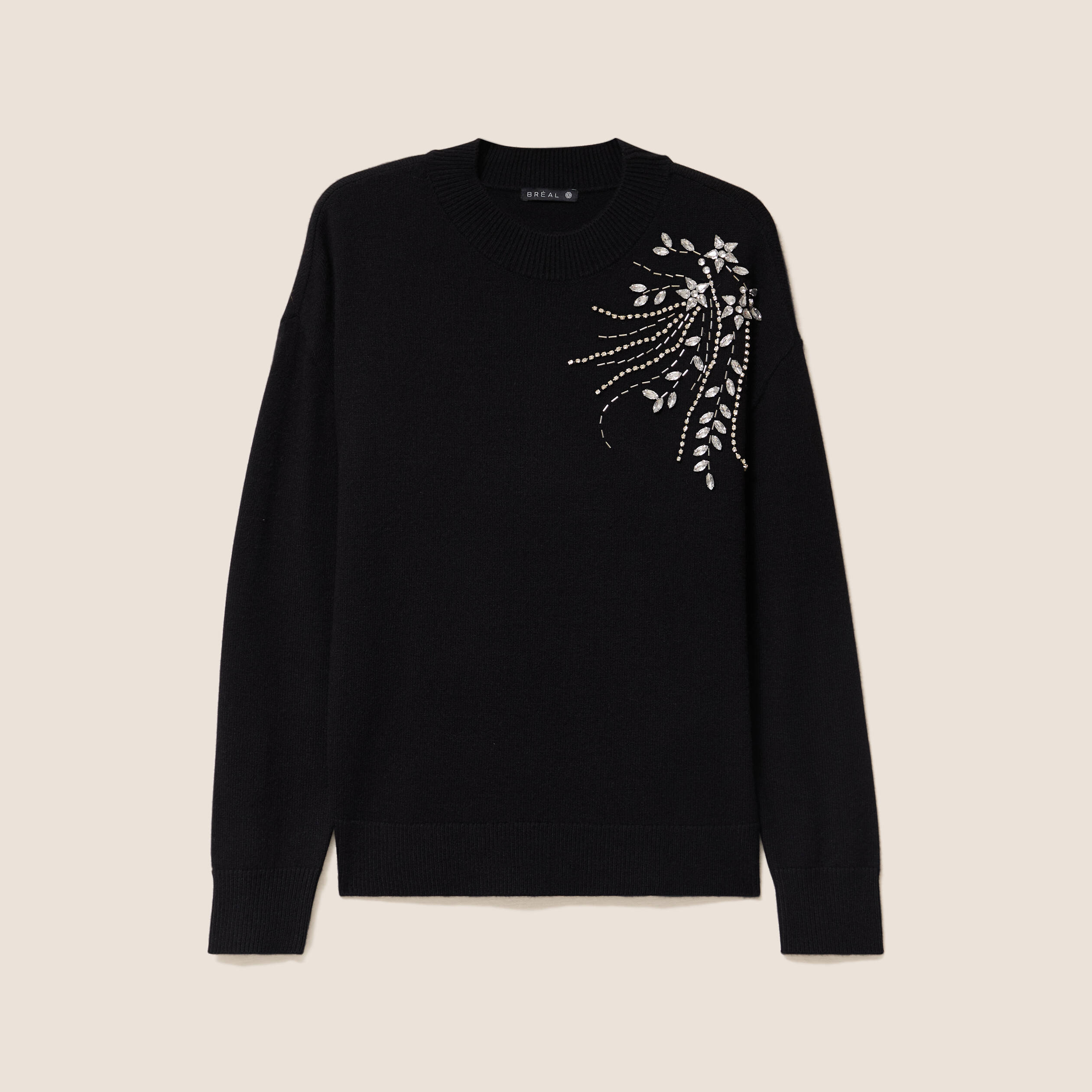 Pull col montant manches longues strass noir femme