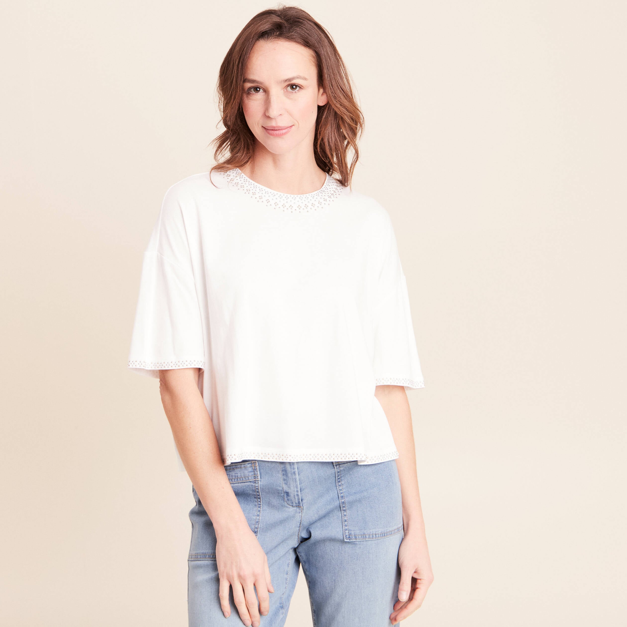 T-shirt coupe droite manches coudes ecru femme