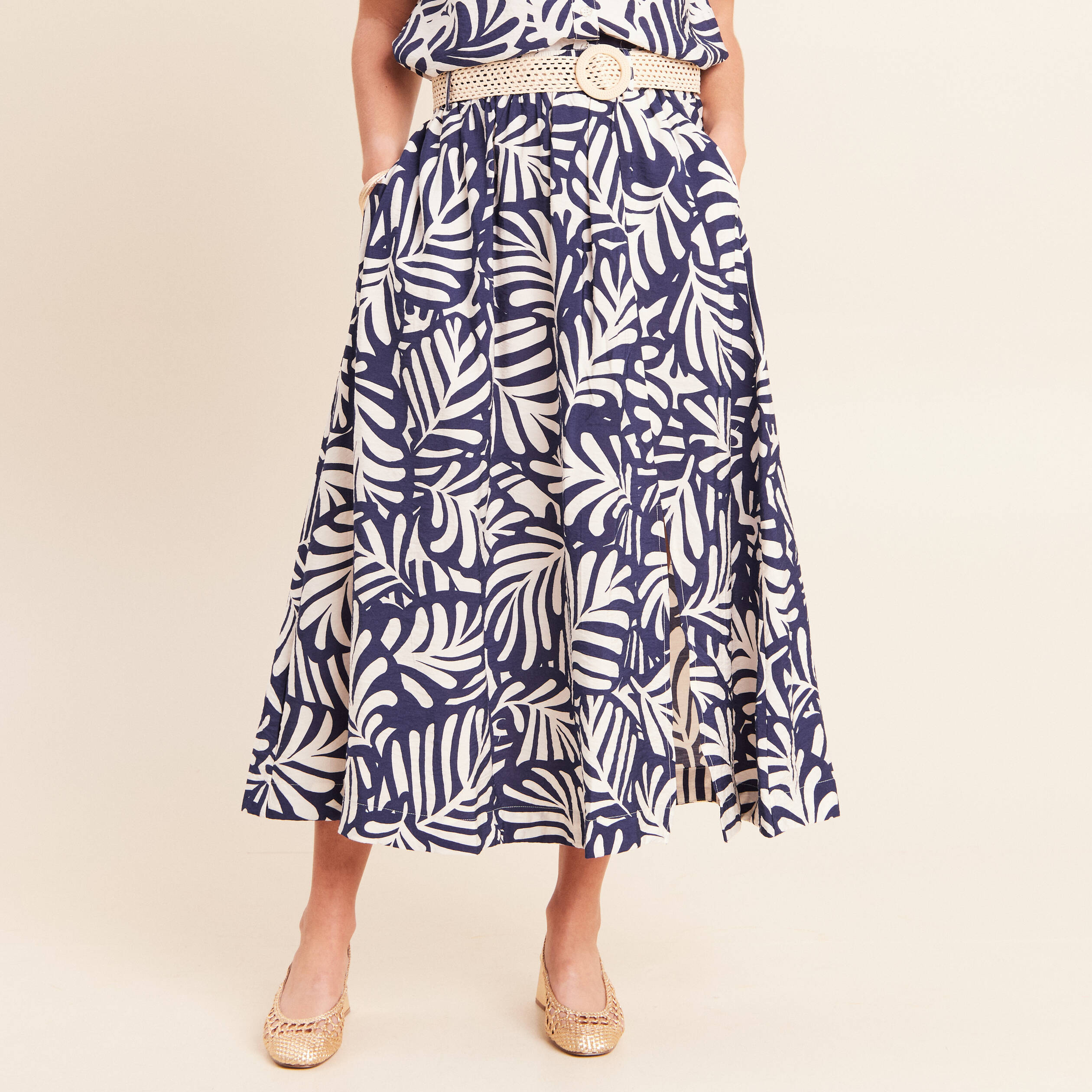 Jupe longue &eacute;vas&eacute;e fendue bleu femme