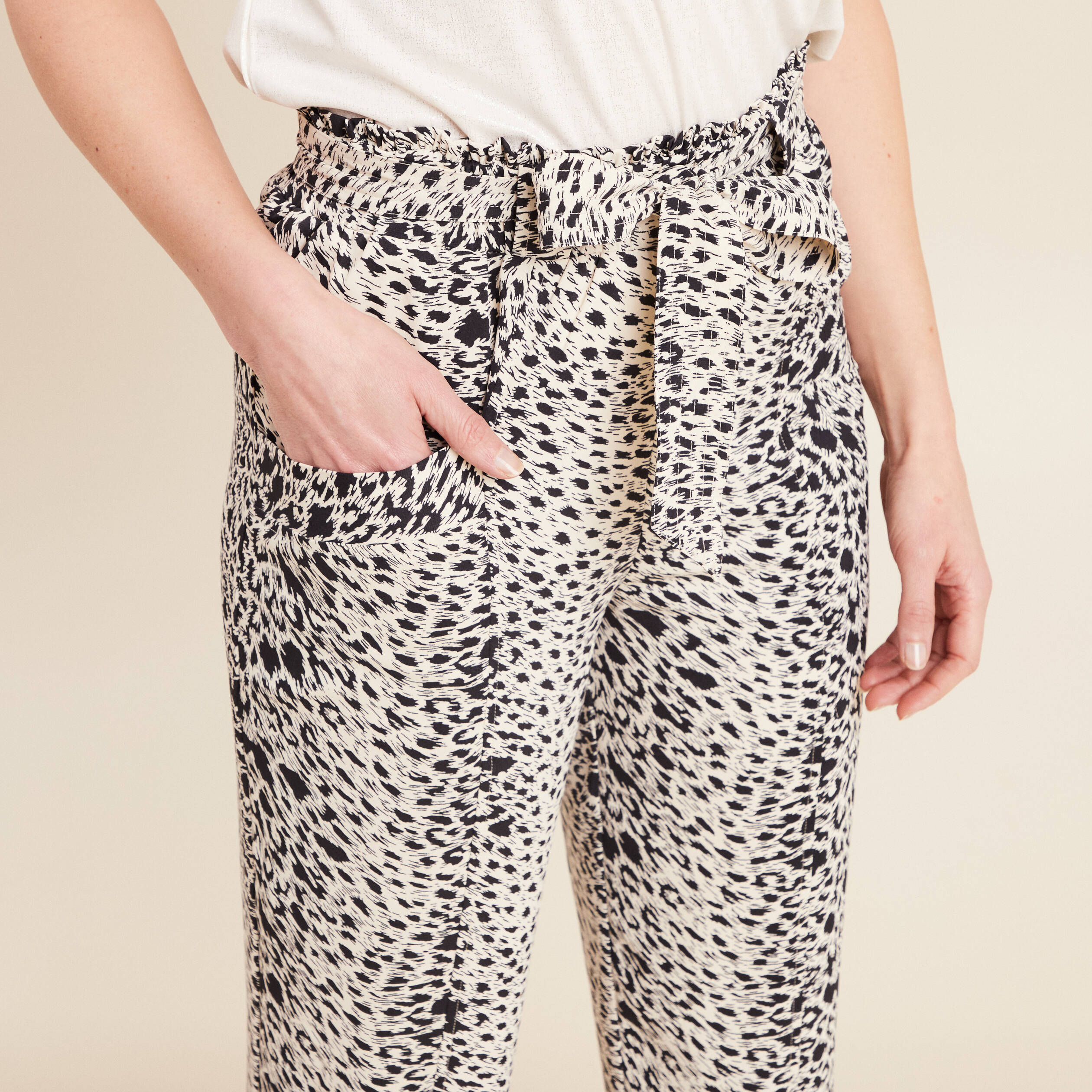 Pantalon flou taille haute ivoire femme