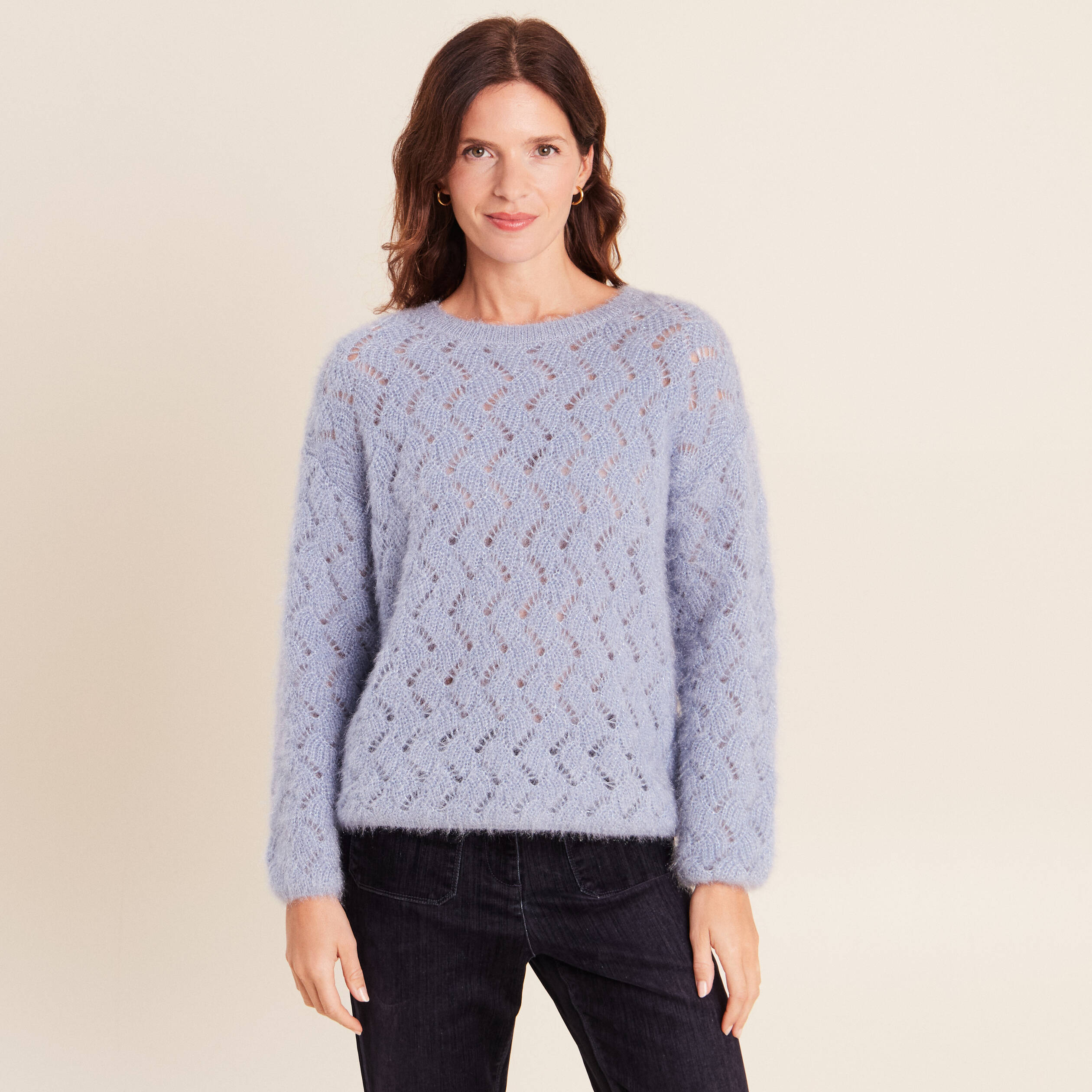 Pull manches longues ajour&eacute; denim snow gris femme