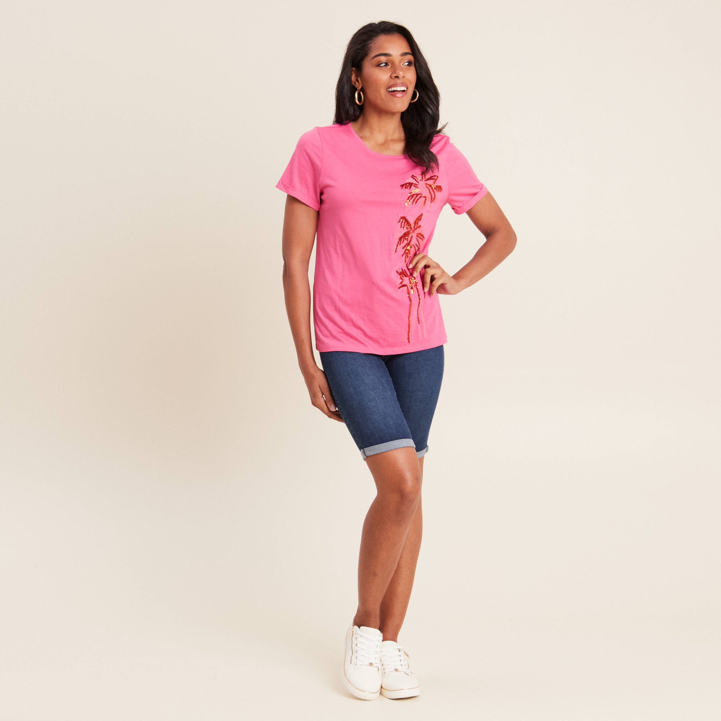 t shirt manches courtes rose fushia femme T-shirt manches courtes rose fushia femme