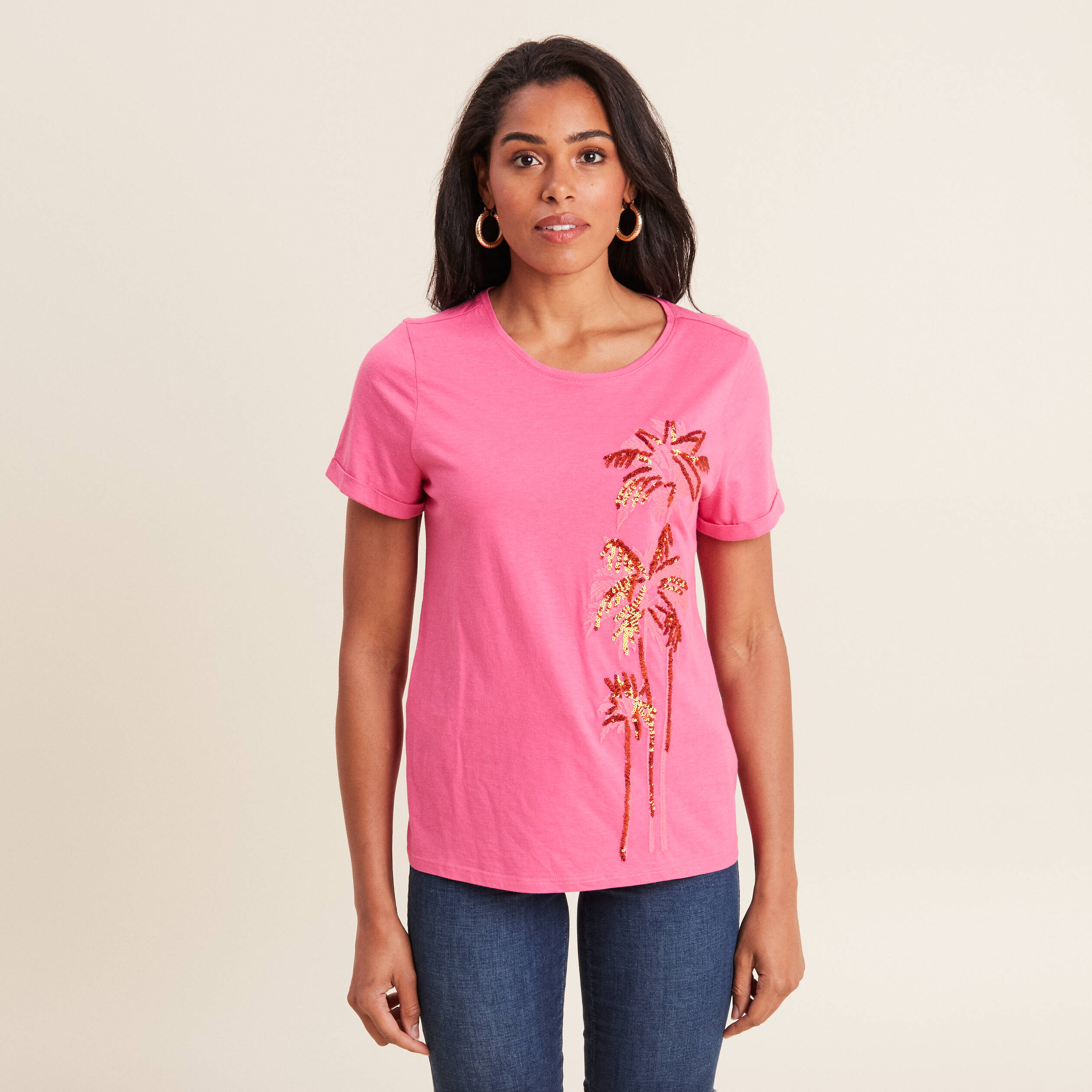t shirt manches courtes rose fushia femme T-shirt manches courtes rose fushia femme