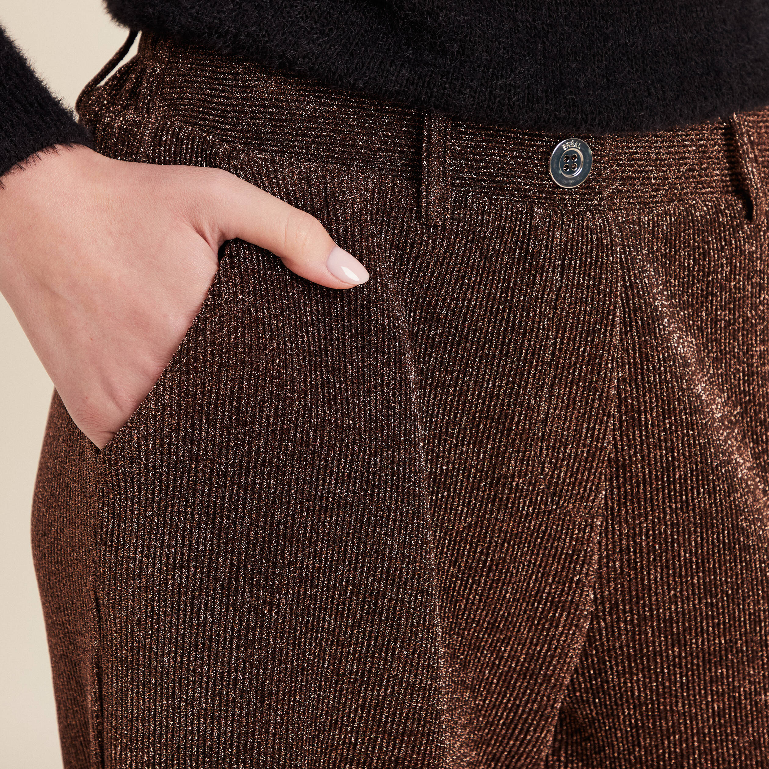 pantalon flou effet tricote couleur cuivre femme Pantalon flou effet tricoté couleur cuivre femme
