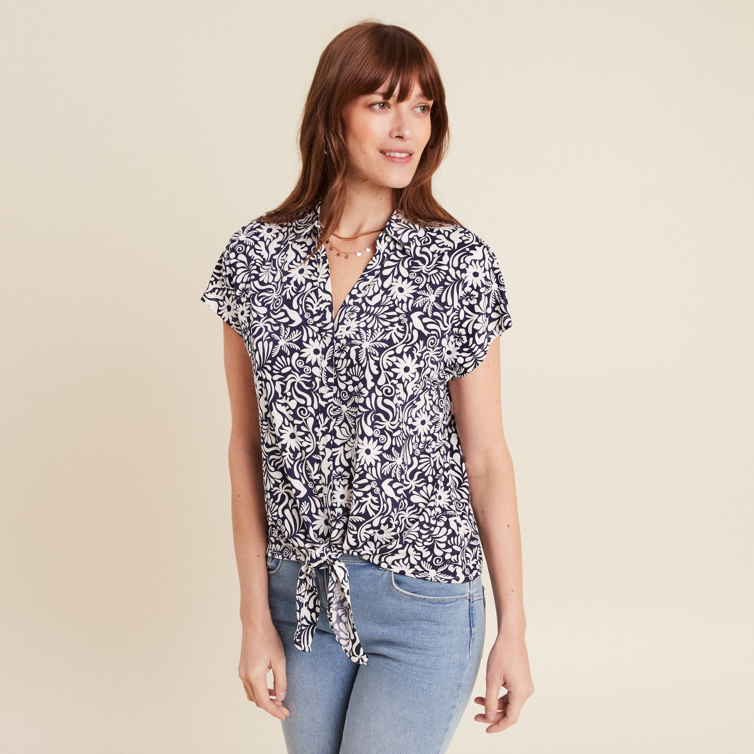 Blouse manches courtes nou&eacute;e bleu femme
