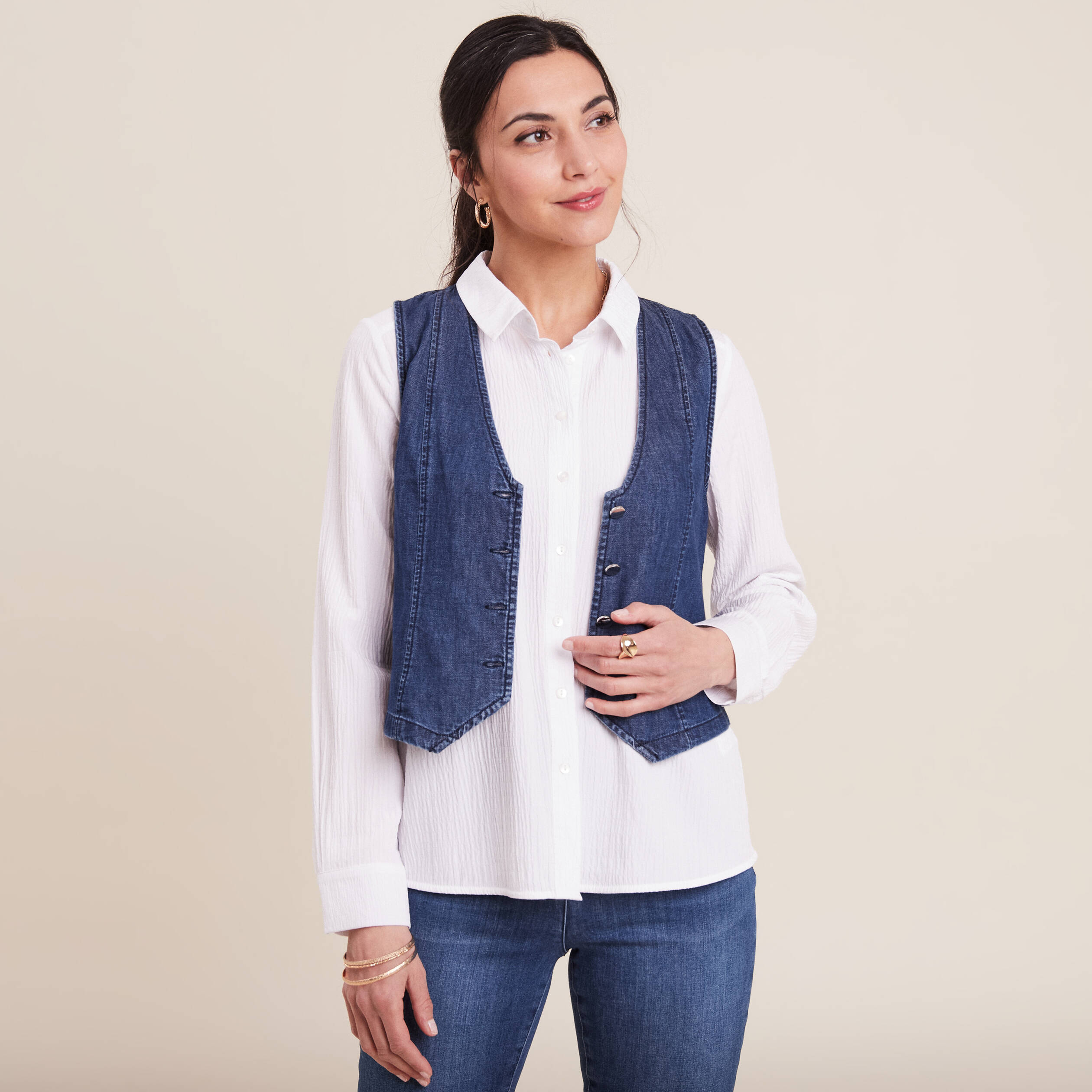 Gilet barman sans manches jean denim double stone femme