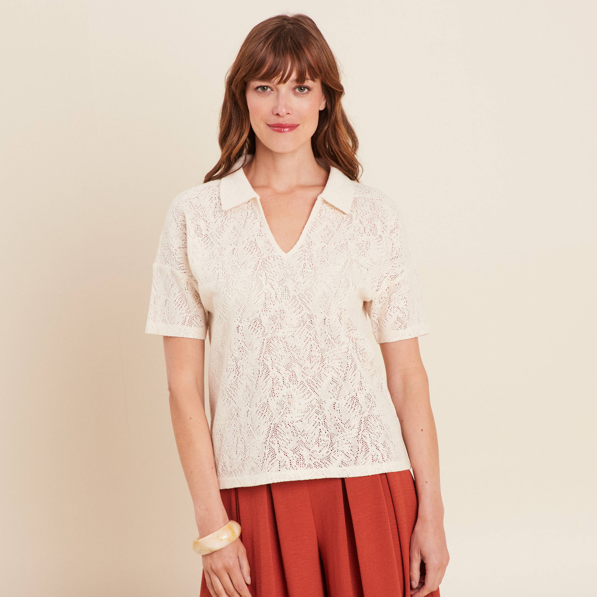 T-shirt col chemise ecru femme