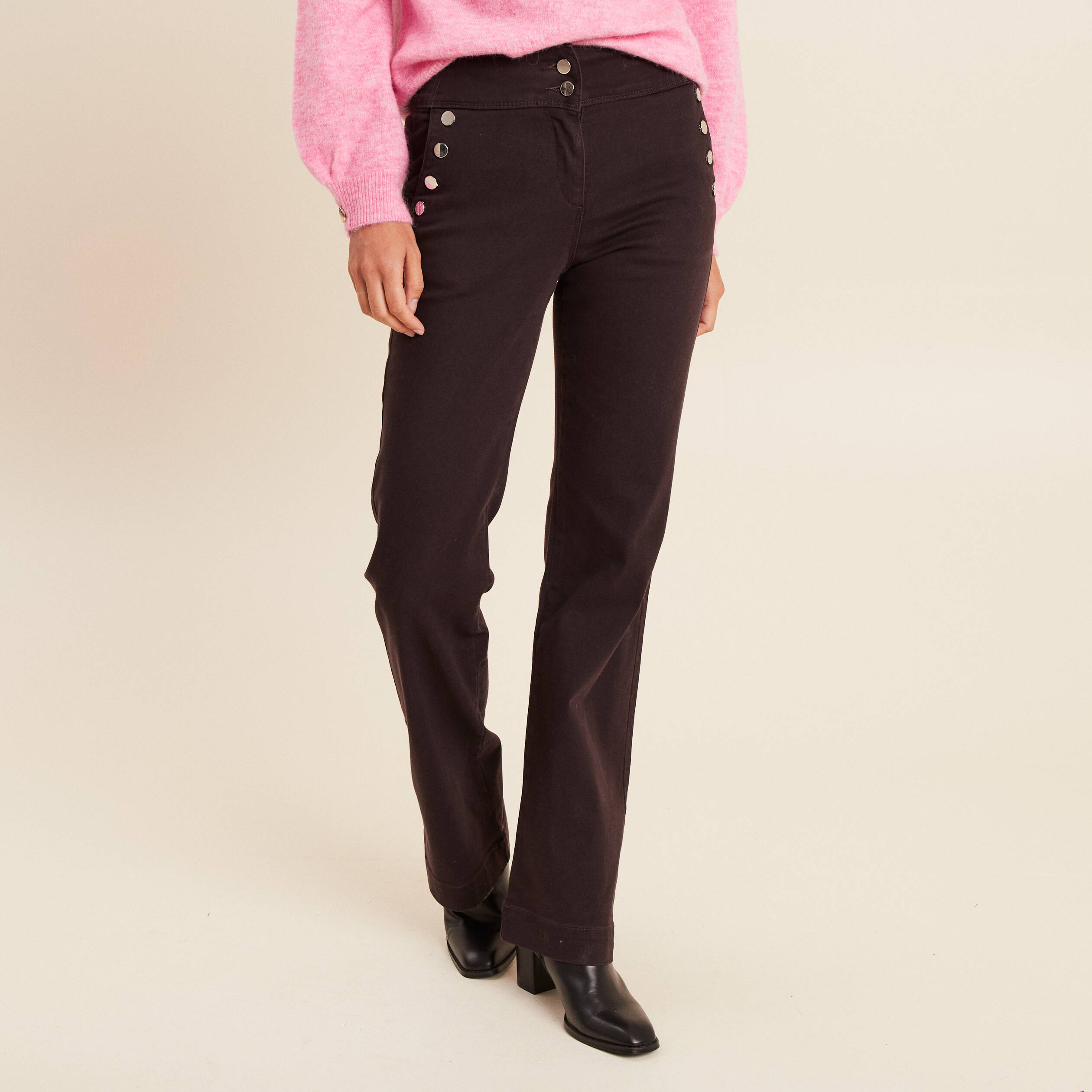 Pantalon coupe bootcut &agrave; pont marron fonc&eacute; femme