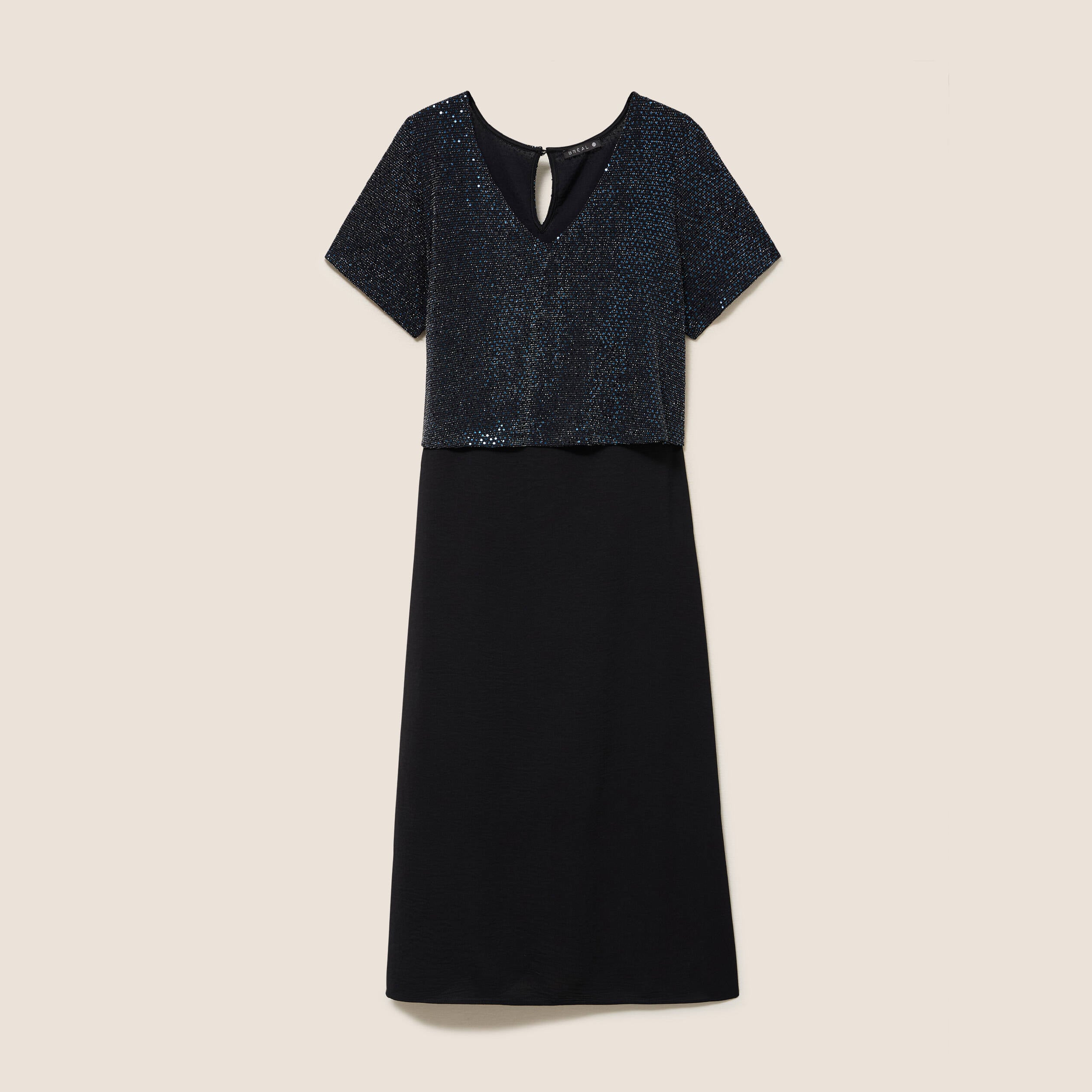 Robe longue évasée 2 en 1 col rond bleu marine femme | Vibs