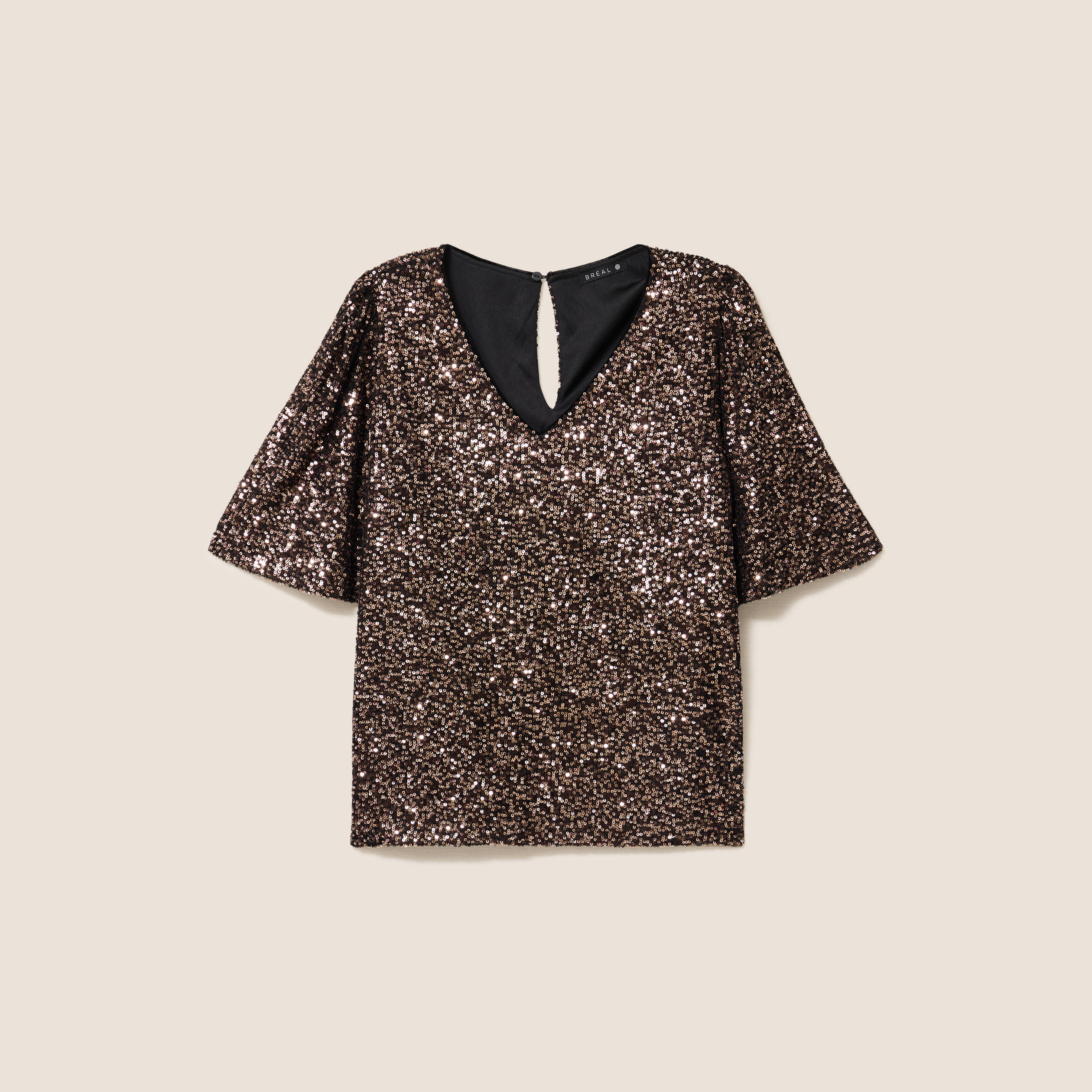 T-shirt &agrave; sequins manches coudes marron fonc&eacute; femme