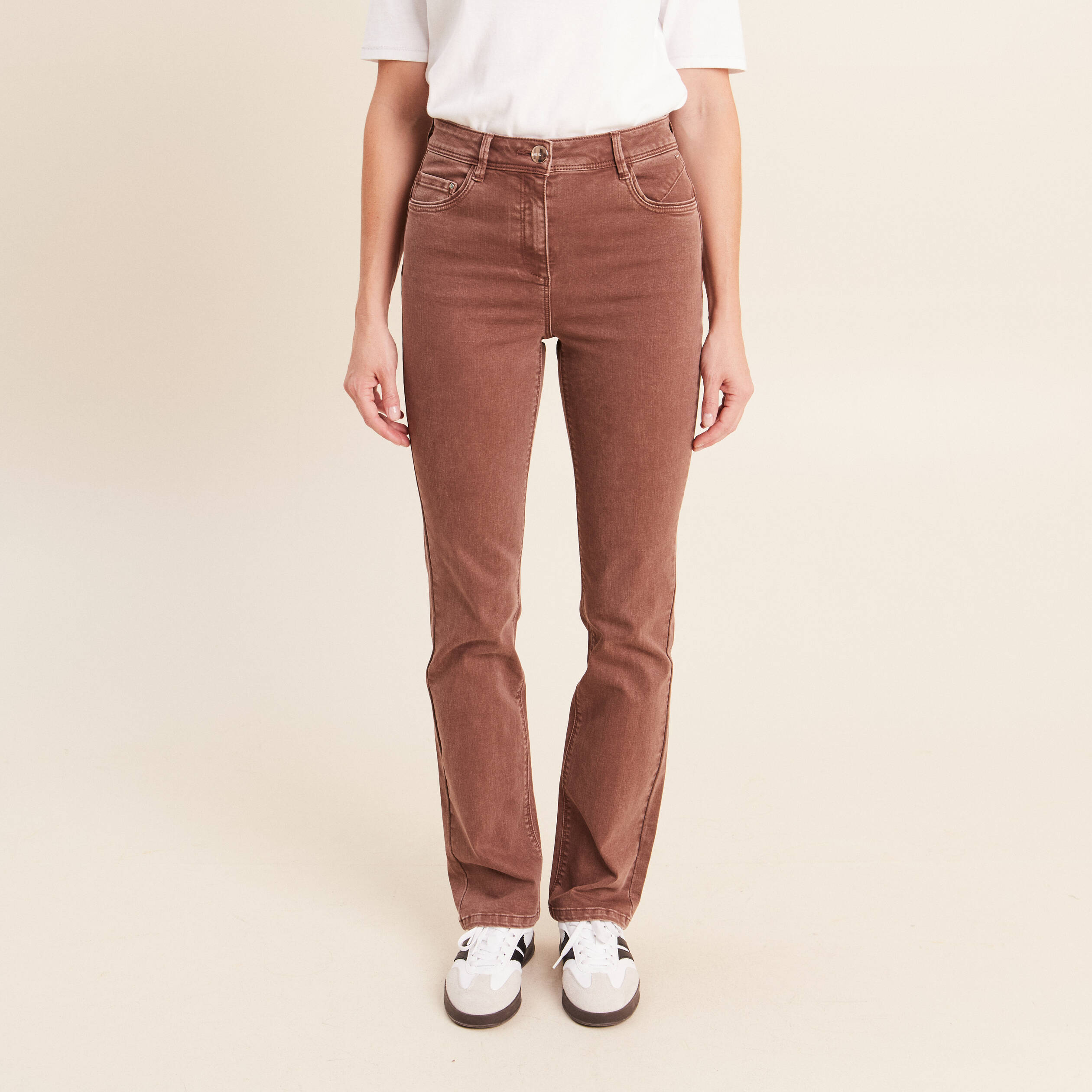 Jean coupe droite taille haute marron clair femme
