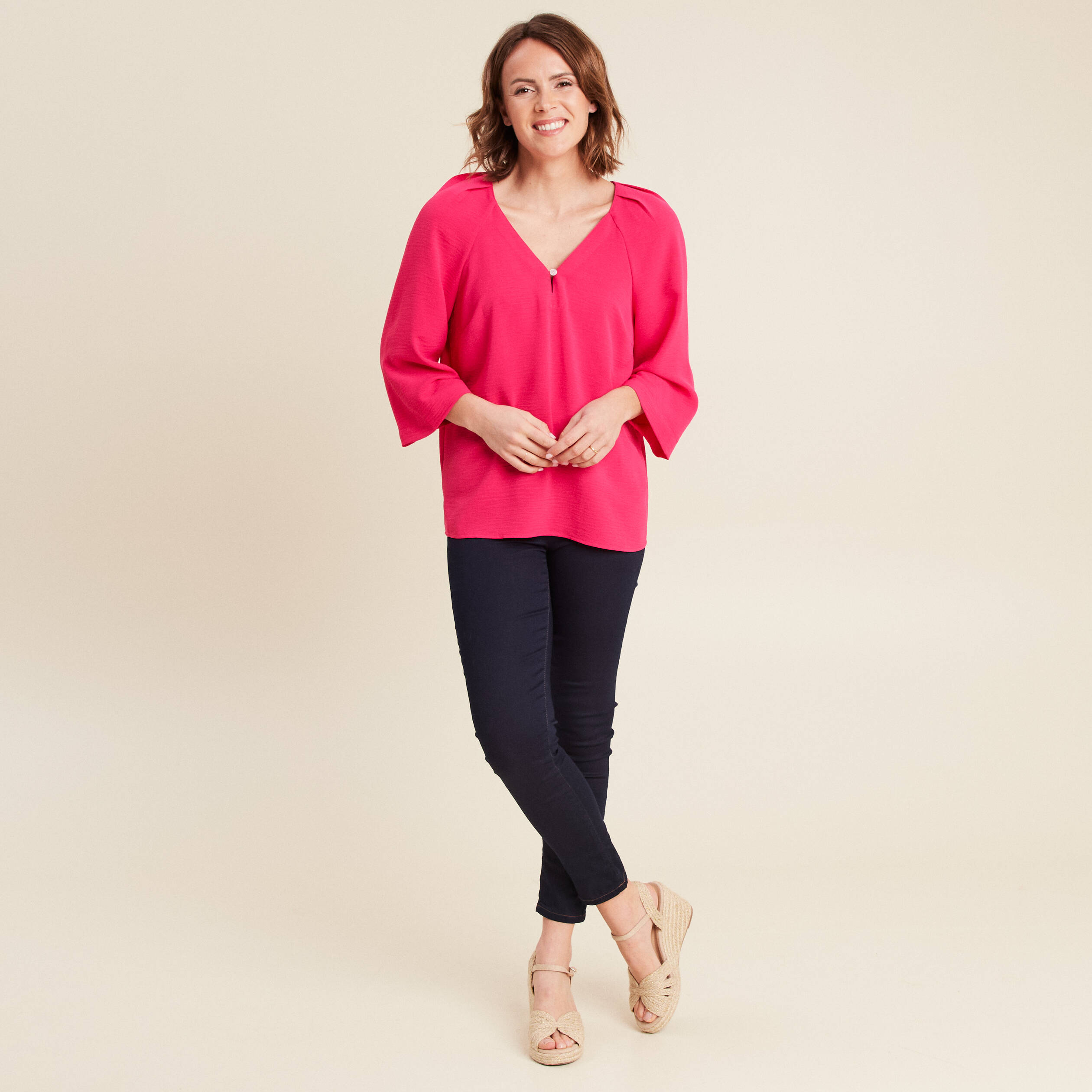 blouse manches 34 rose fushia femme Blouse manches 3/4 rose fushia femme