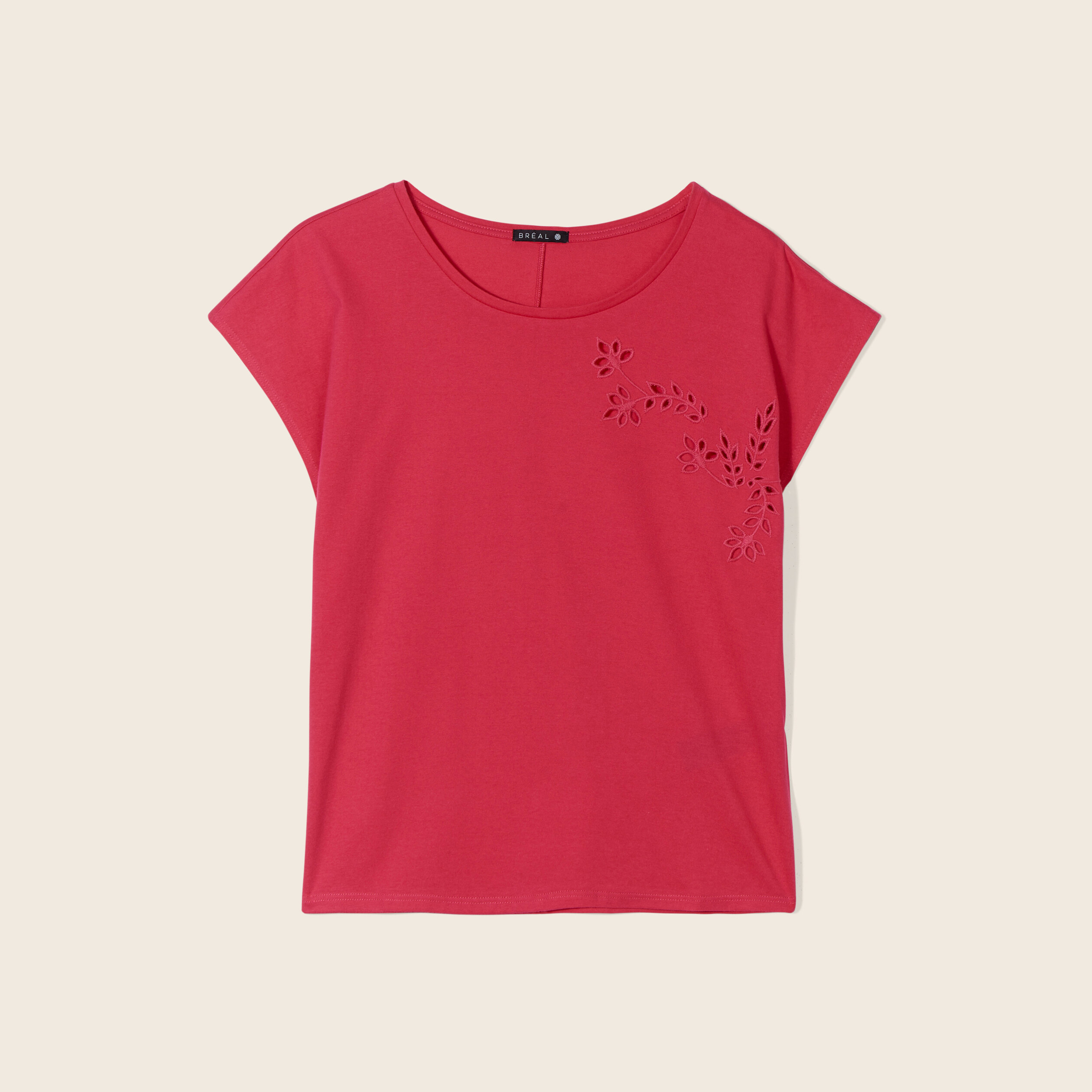 T-shirt manches courtes brodé rose framboise femme