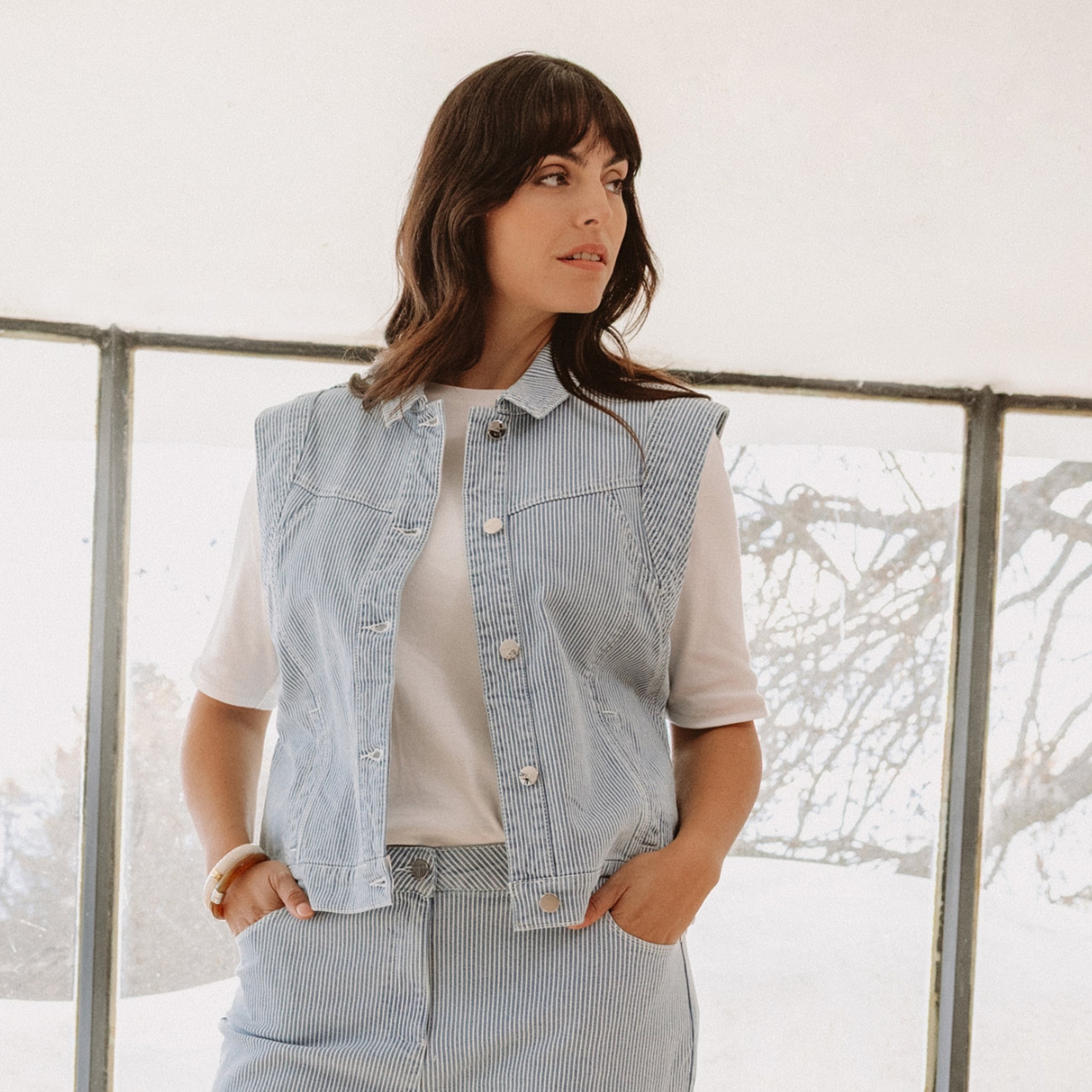 Veste sans manches en jean bleu femme