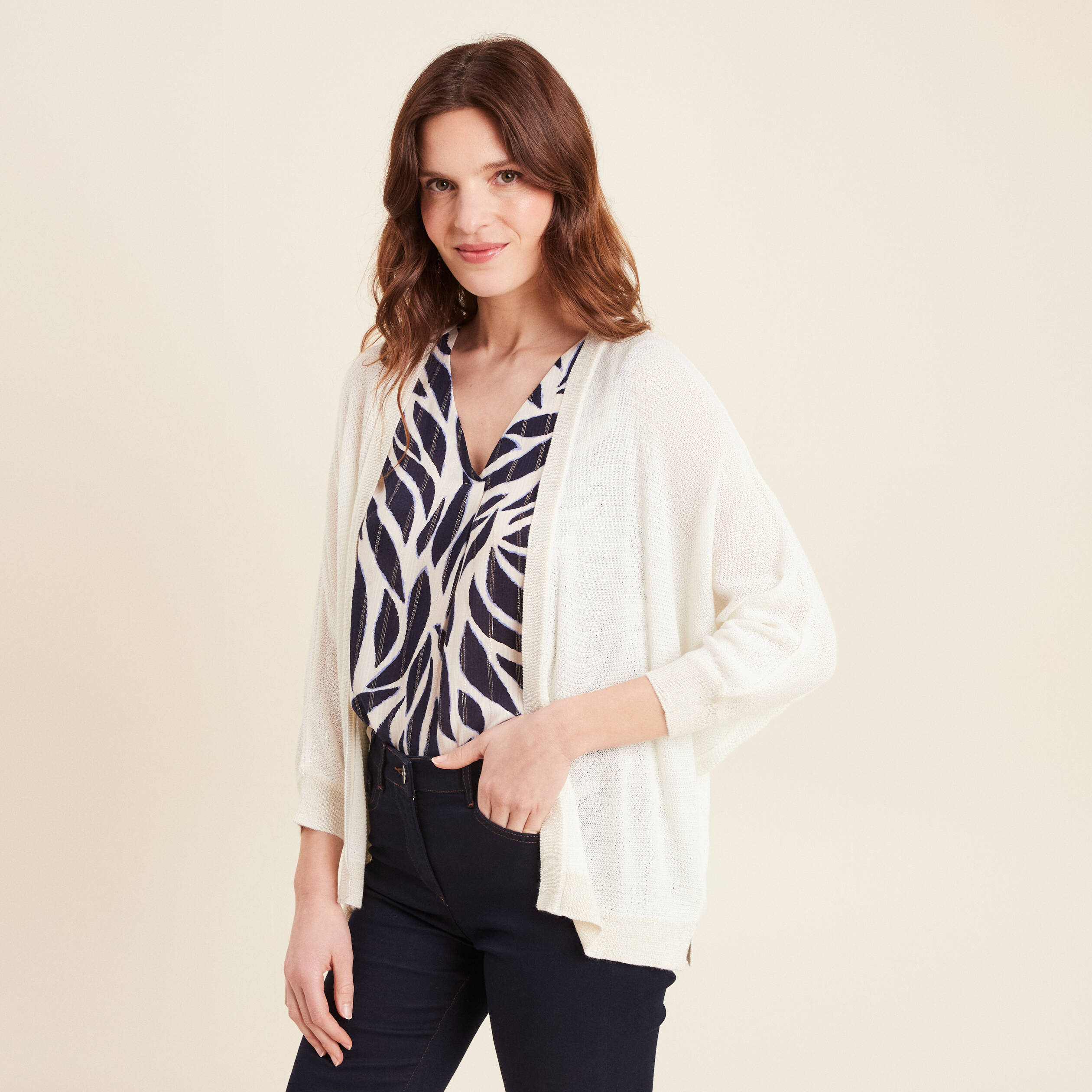 gilet manches 34 ecru femme Gilet manches 3/4 ecru femme
