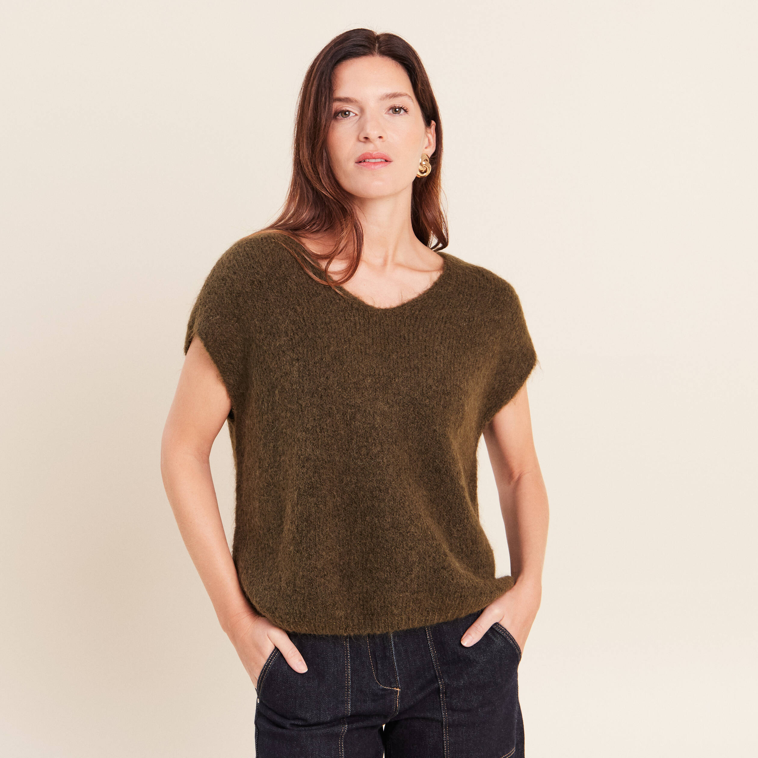 Pull sans manches vert kaki femme