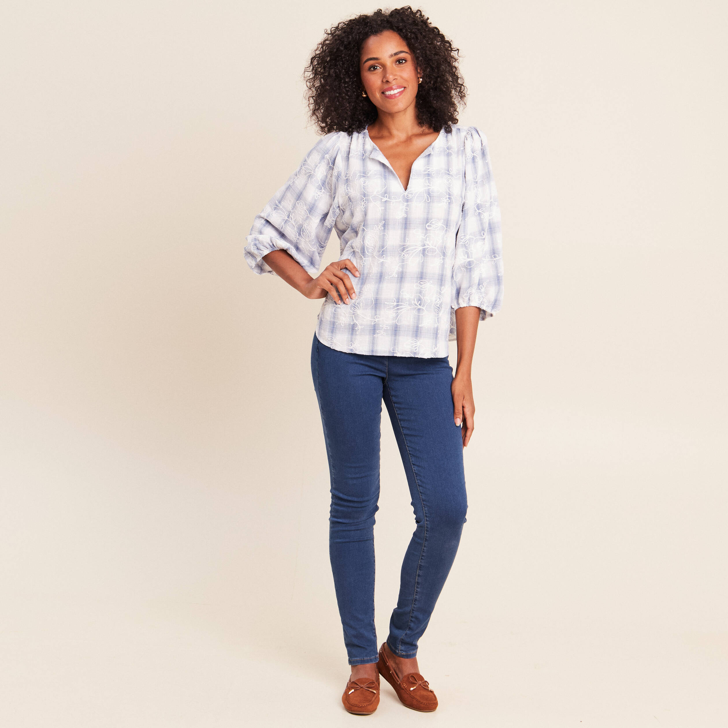 Blouse col tunisien manches 3/4 bleu femme