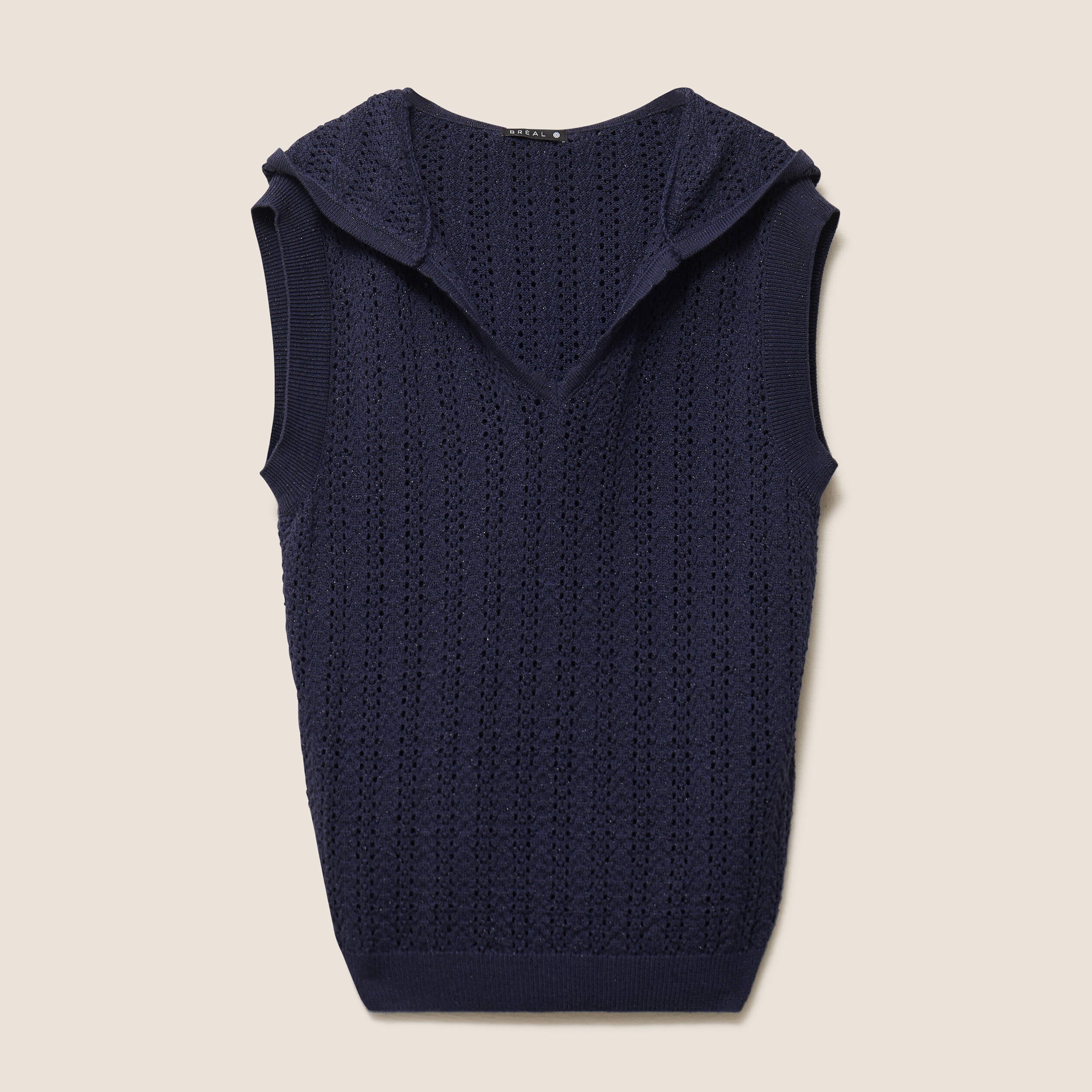 Pull droit sans manches &agrave; capuche bleu marine femme