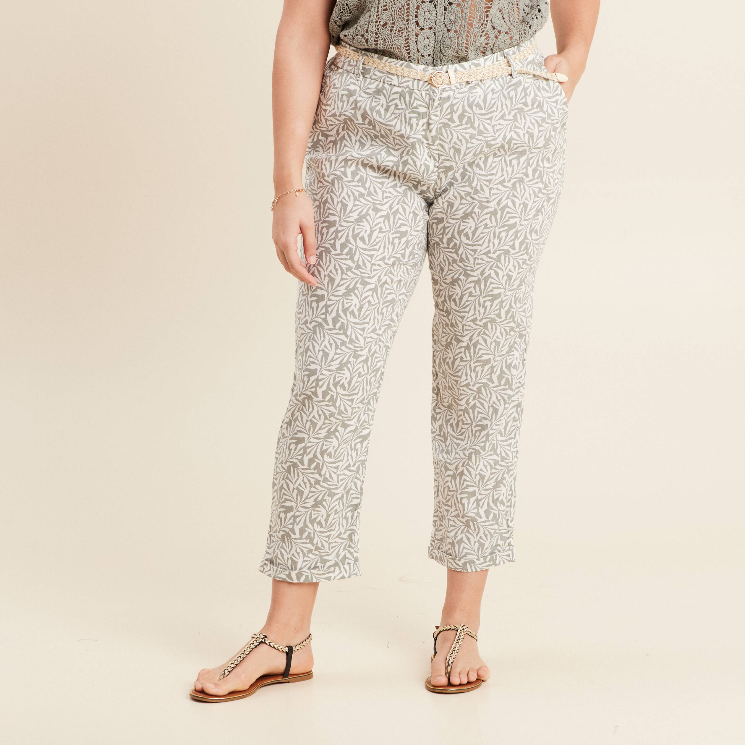 Pantalon coupe chino en lin vert kaki femme