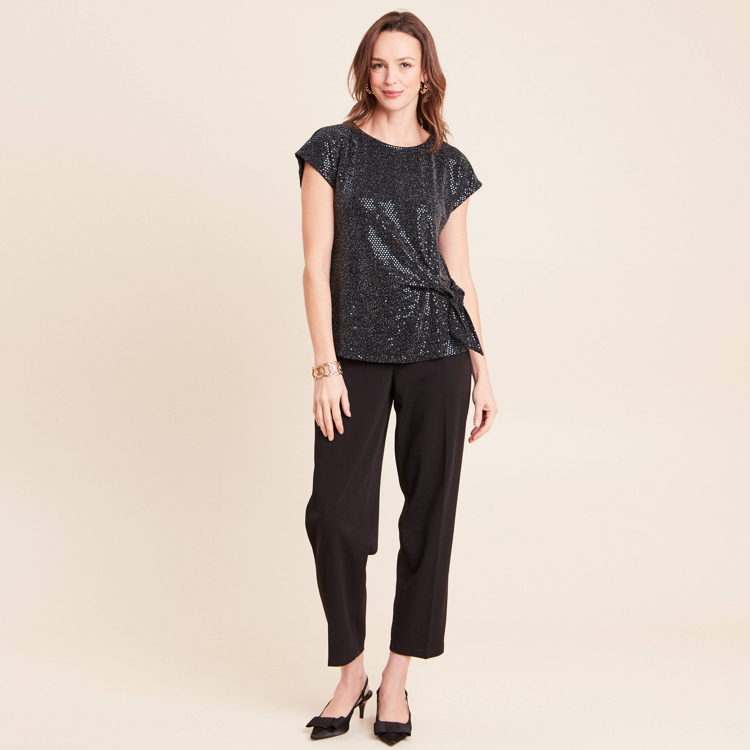 T-shirt cintr&eacute; &agrave; sequins col rond bleu marine femme