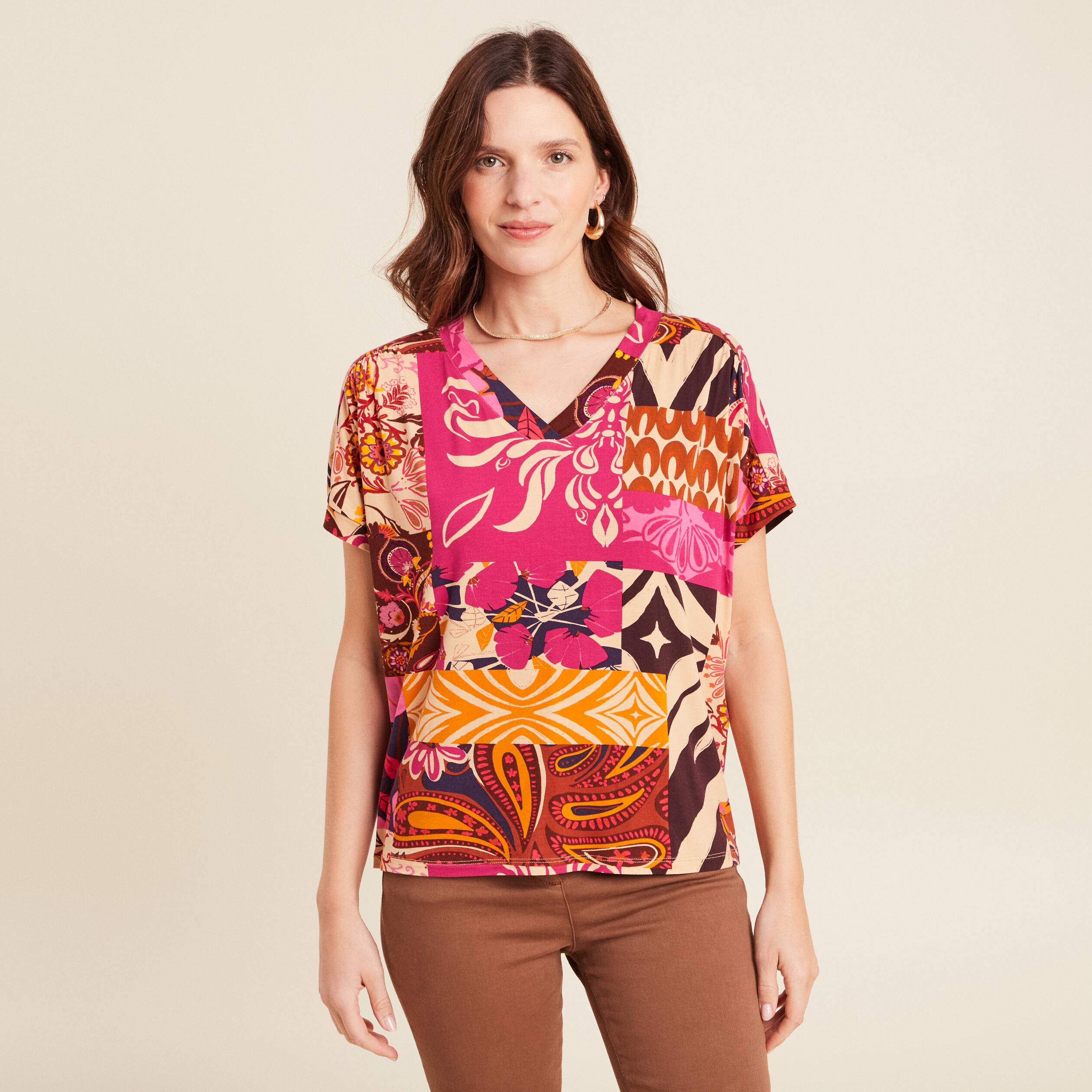 t shirt col v manches courtes rose femme T-shirt col v manches courtes rose femme