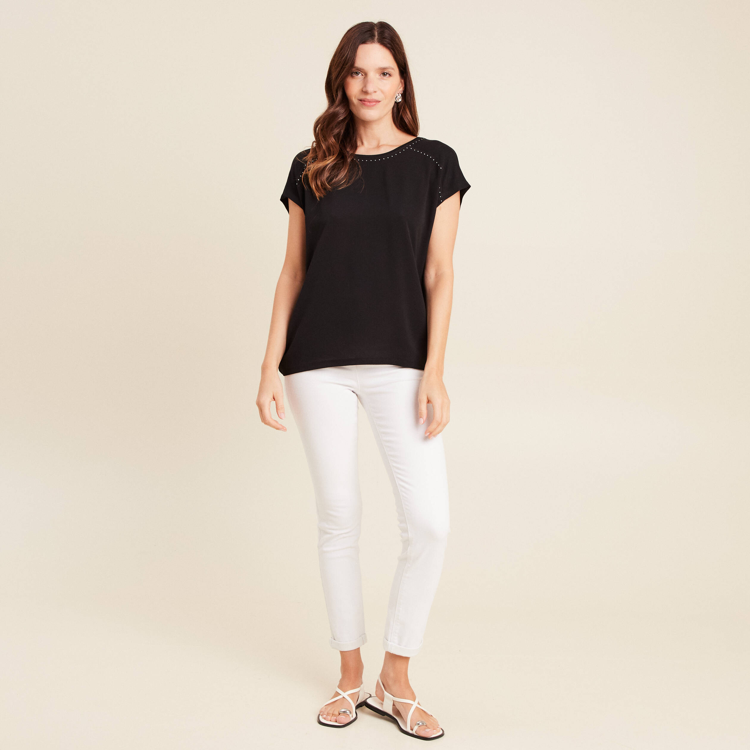 T-shirt bi-mati&egrave;re manches courtes noir femme