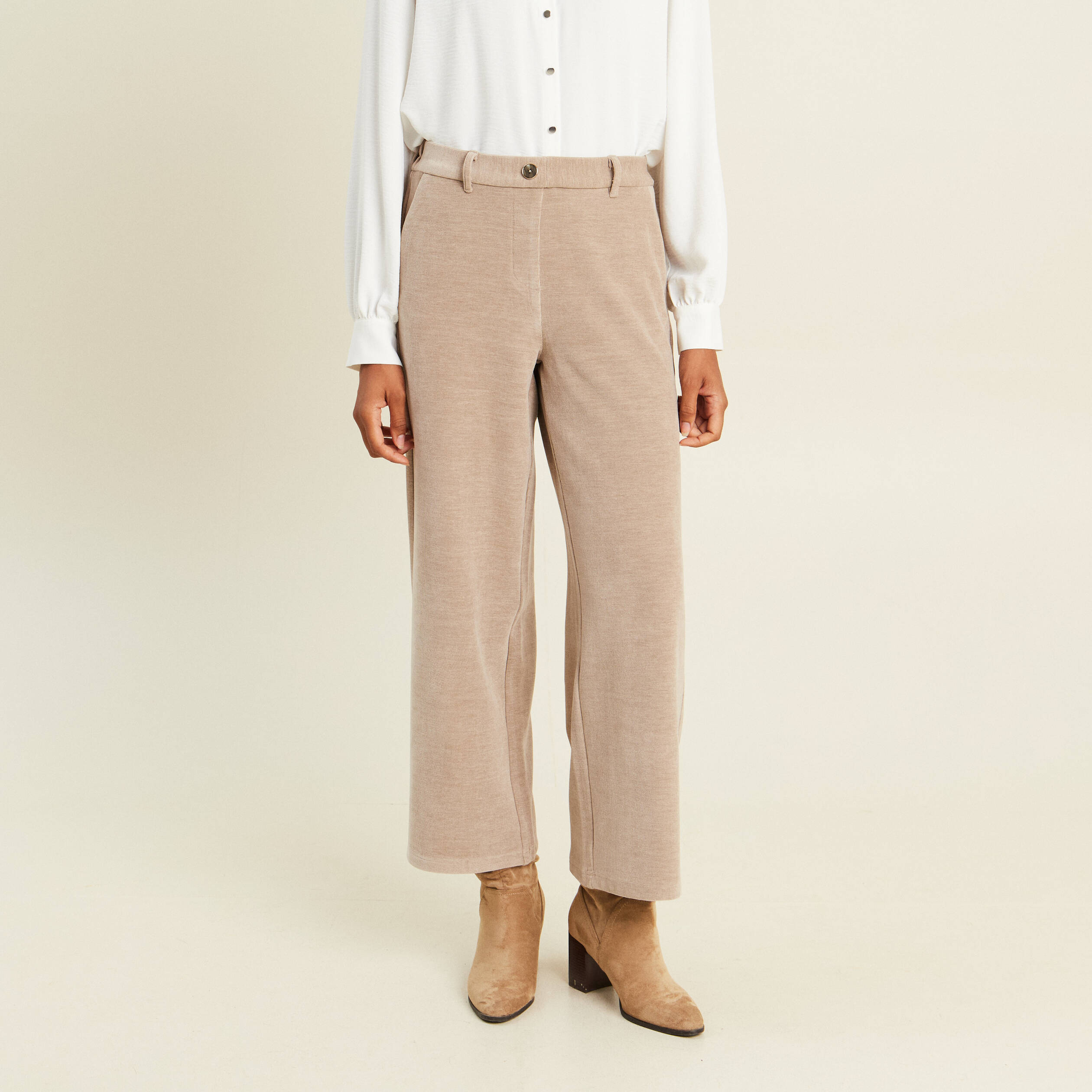 Pantalon loose en velours beige femme