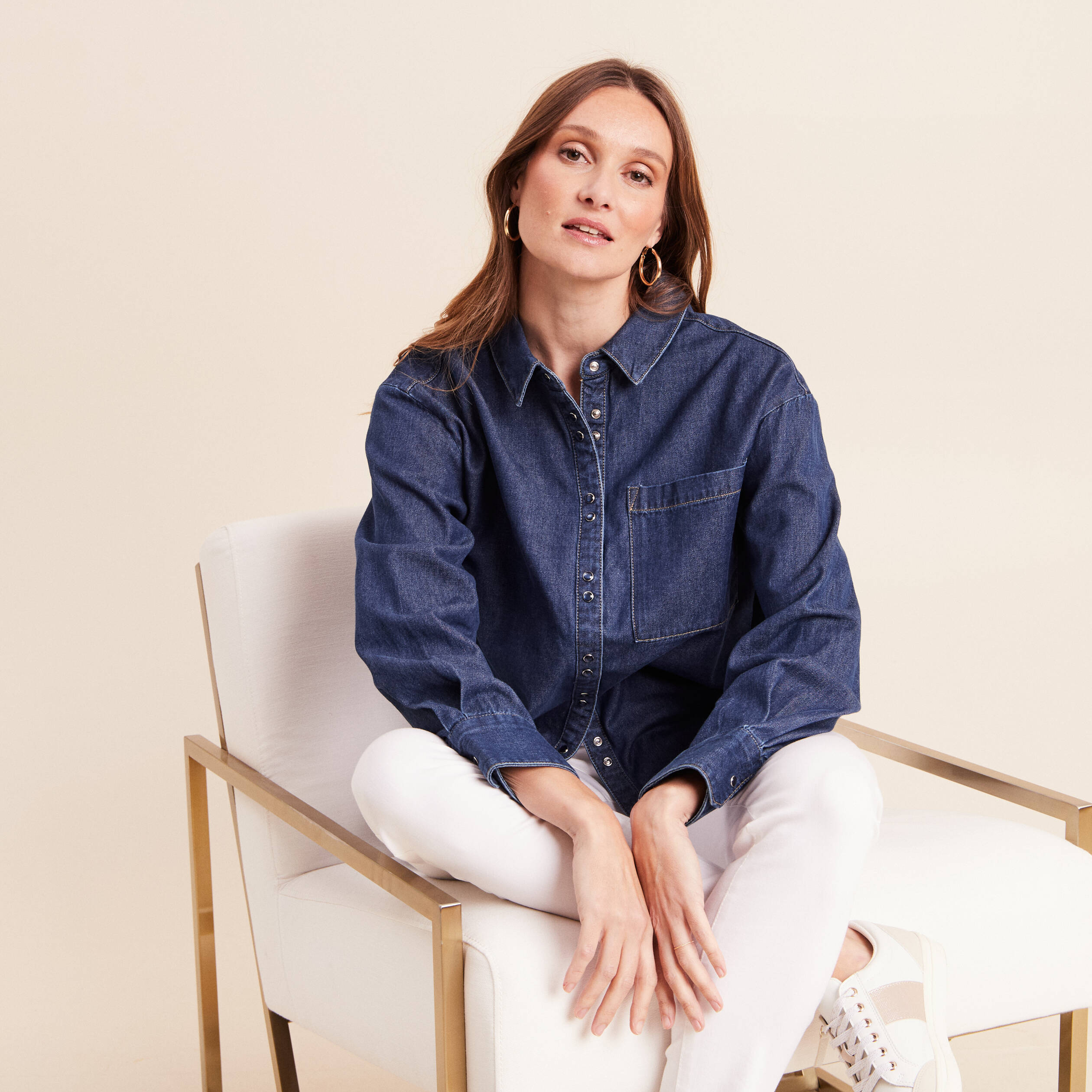 Chemise ample en coton manches longues denim brut femme