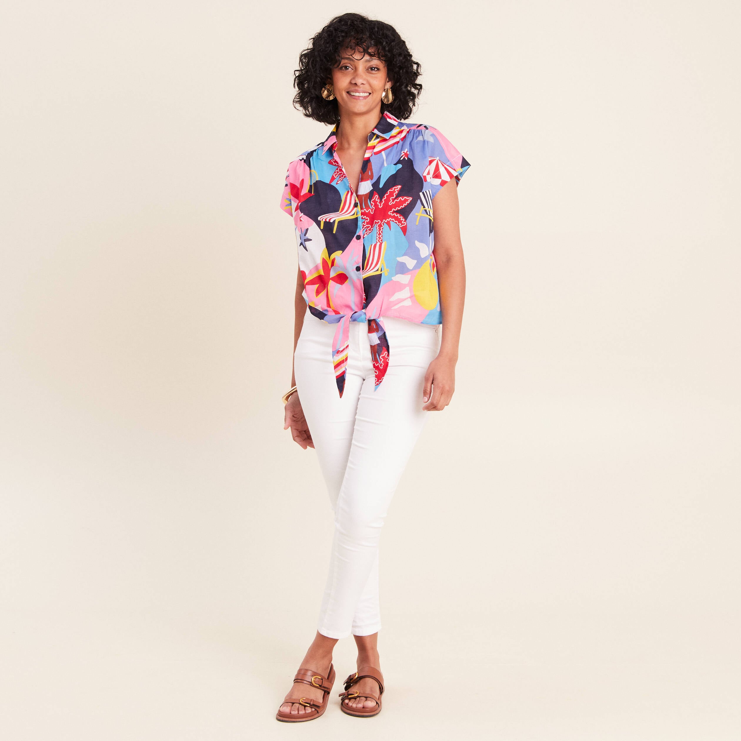 Chemise ample courte &agrave; manches courtes multicolore femme