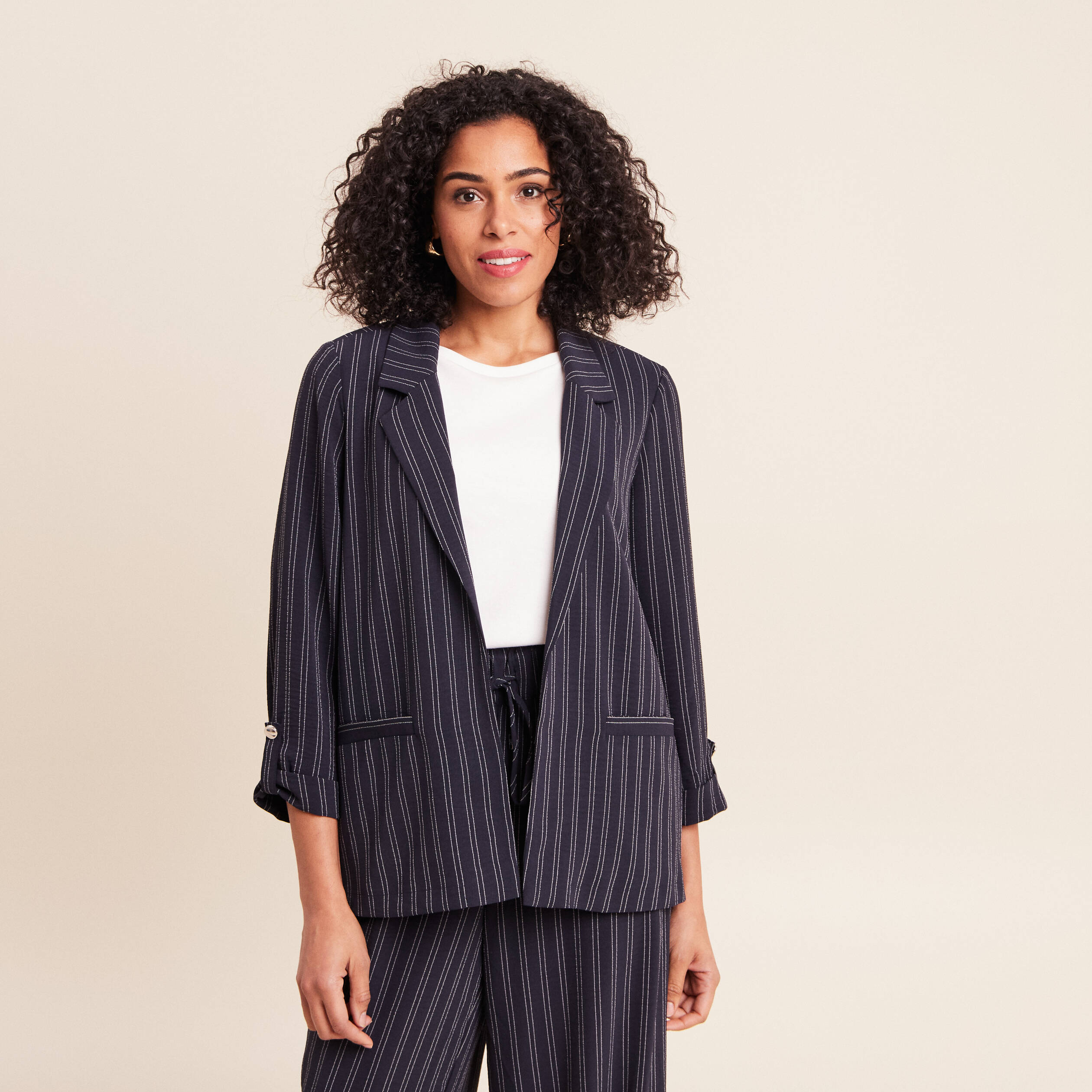 Veste longue droite col tailleur bleu femme