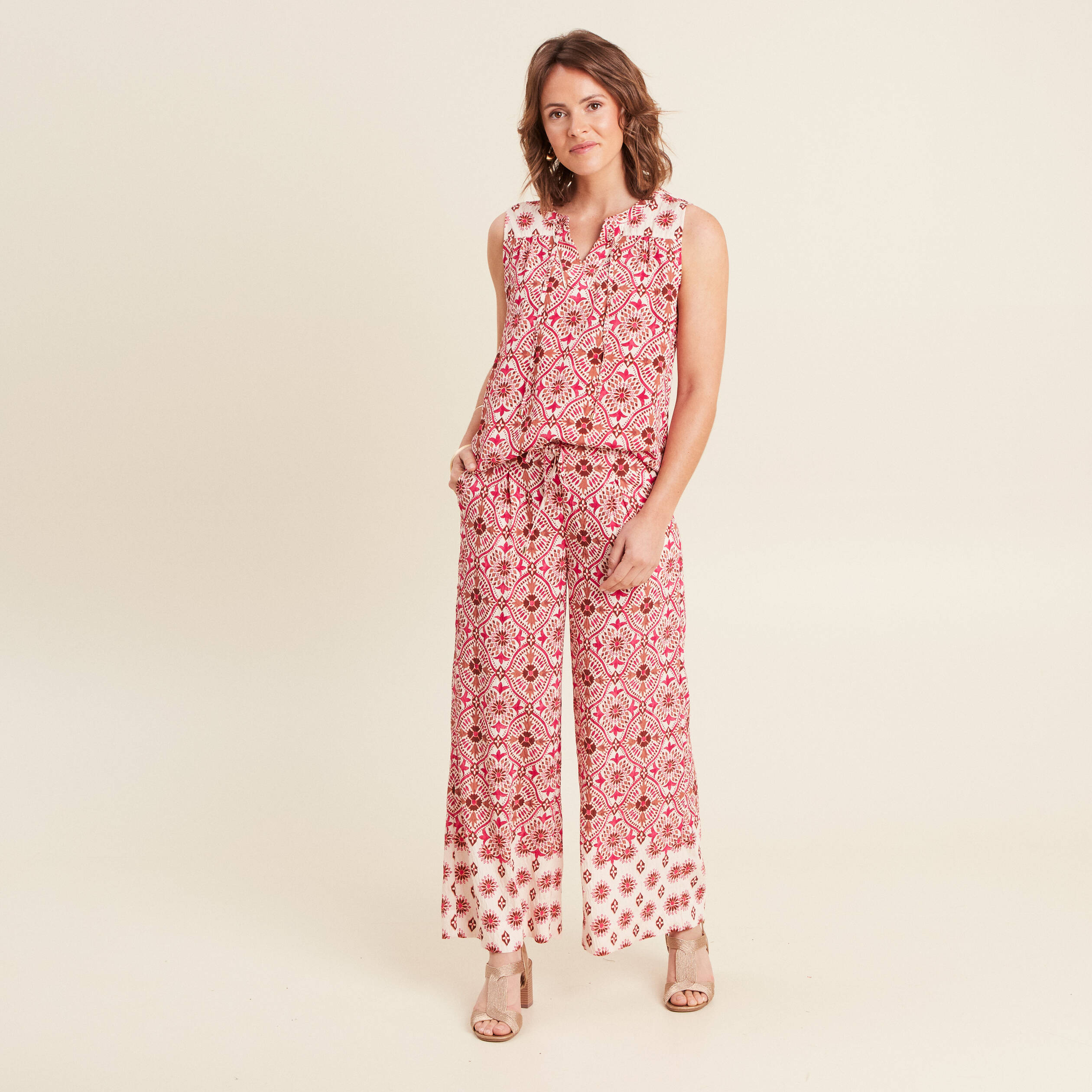 pantalon large taille haute rose femme Pantalon large taille haute rose femme