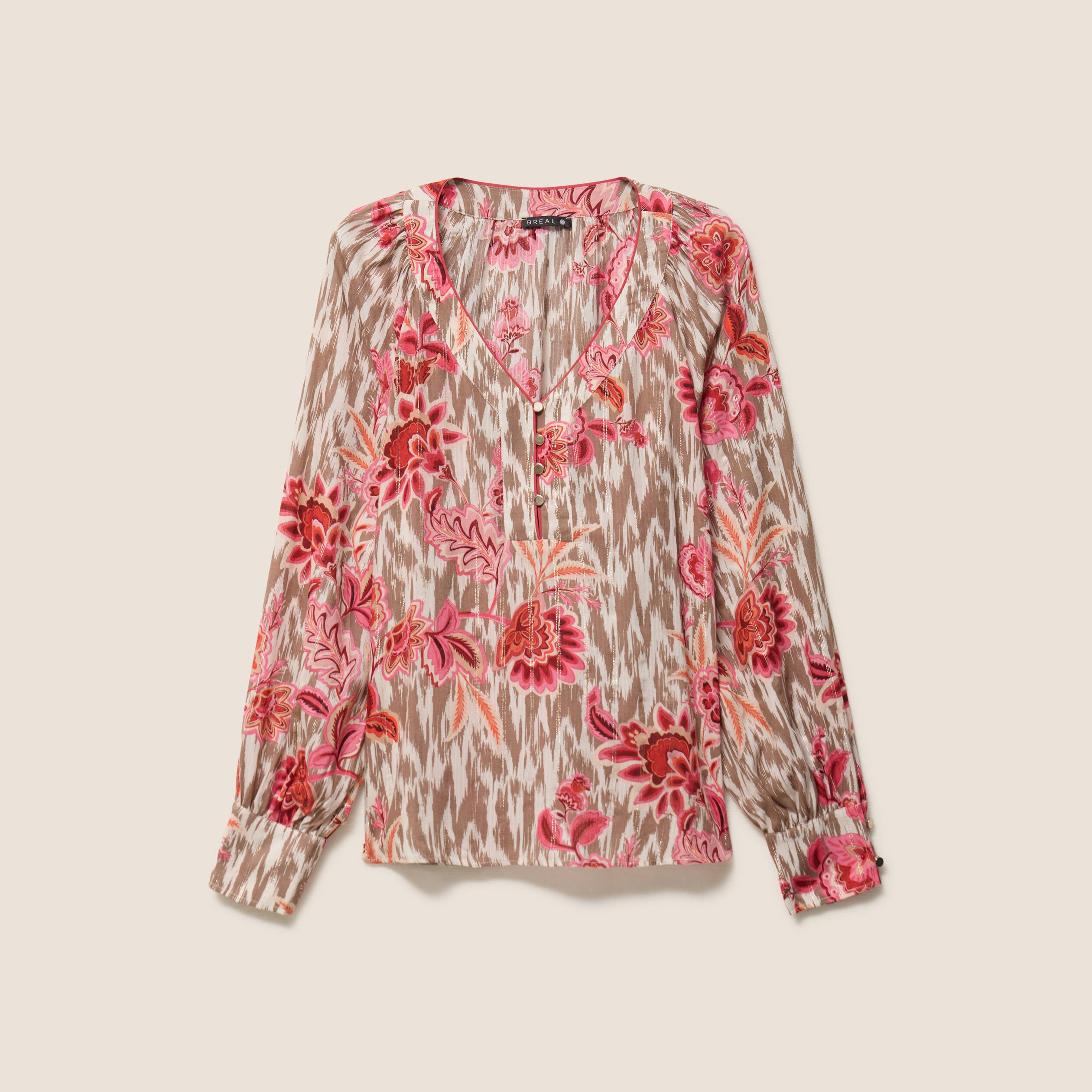 Blouse col v manches longues rose femme