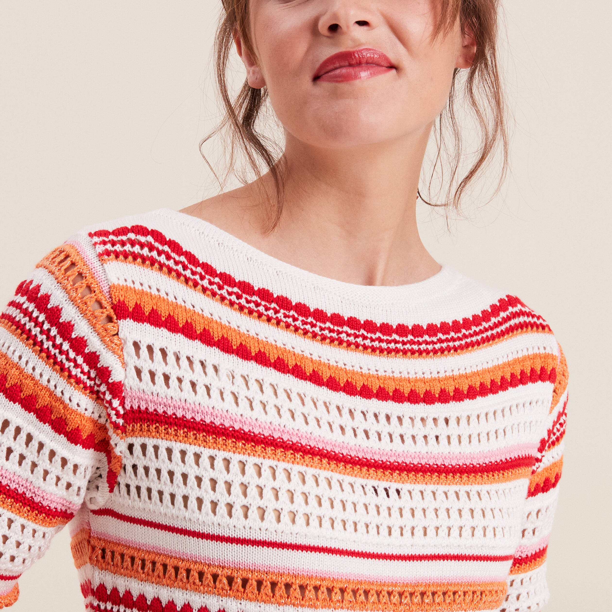 pull manches 34 ajoure orange femme Pull manches 3/4 ajouré orange femme