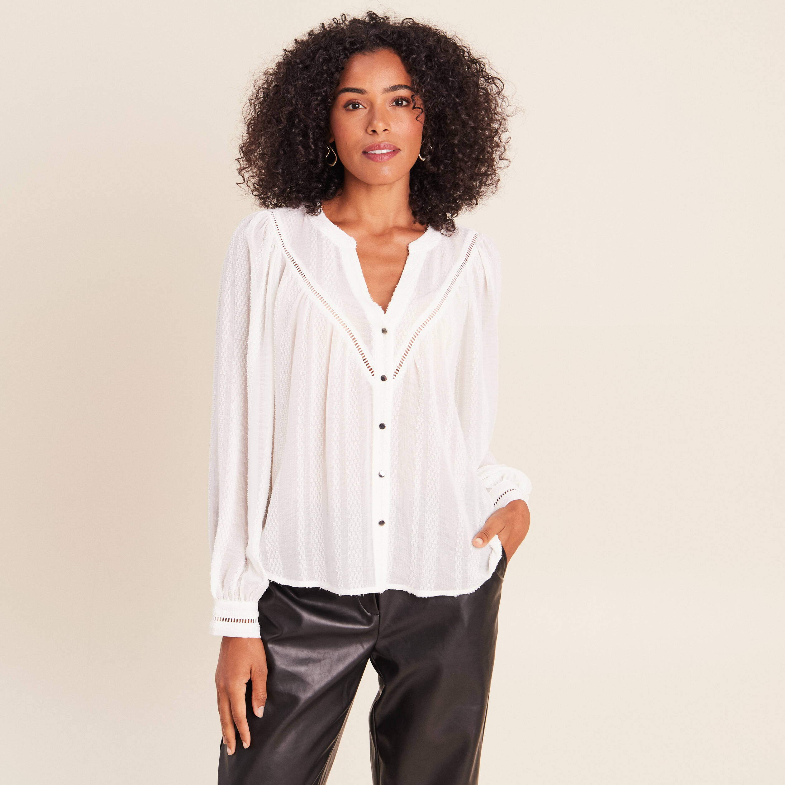 Blouse ample col chemise manches longues ivoire femme