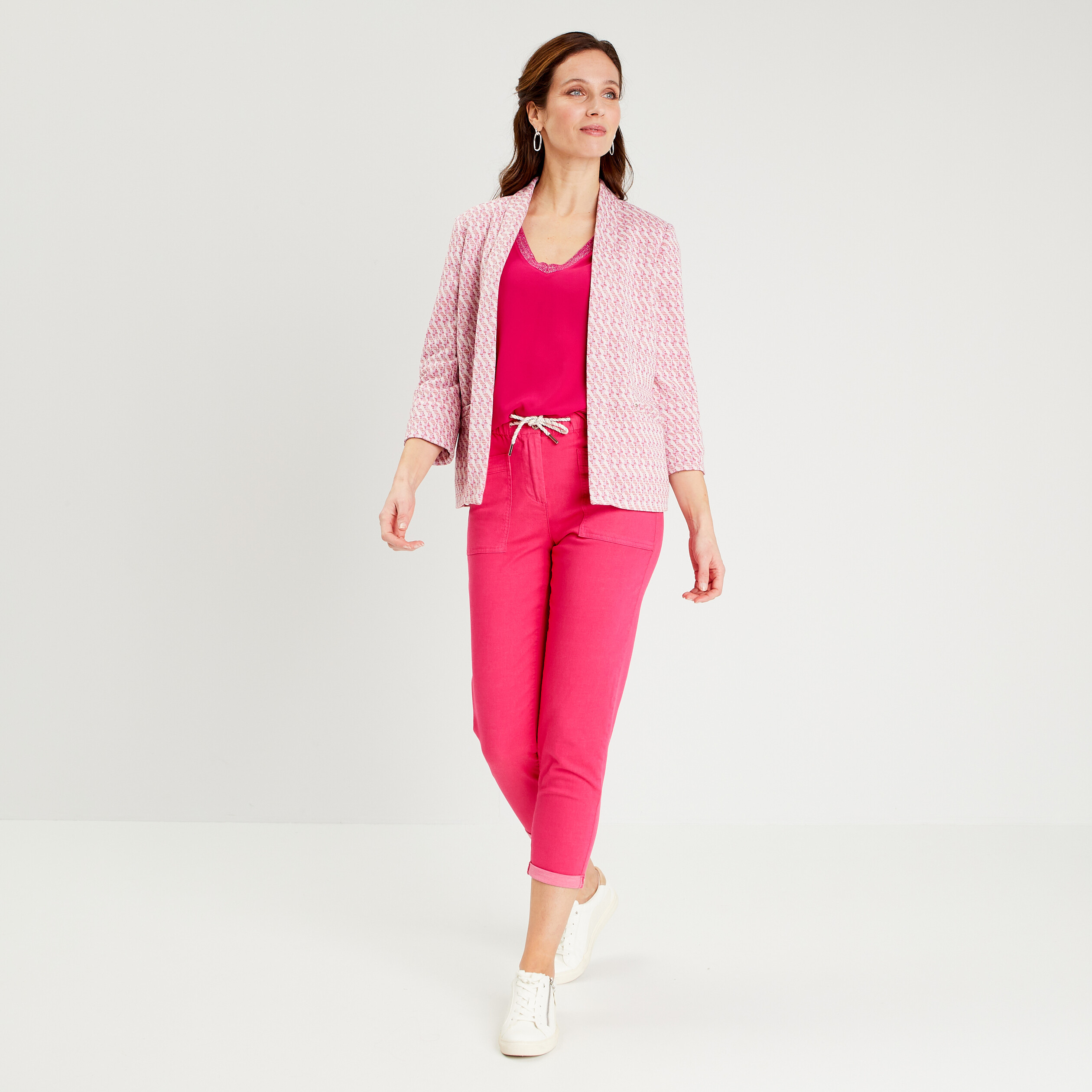 pantalon coupe droite a coulisse rose framboise femme Pantalon coupe droite à coulisse rose framboise femme