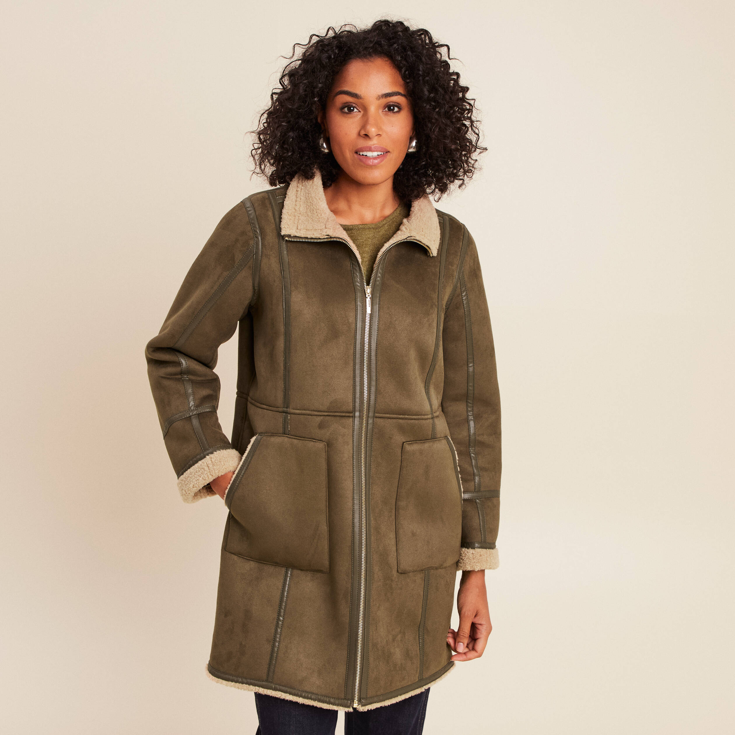 Manteau cintr&eacute; mi-long vert kaki femme