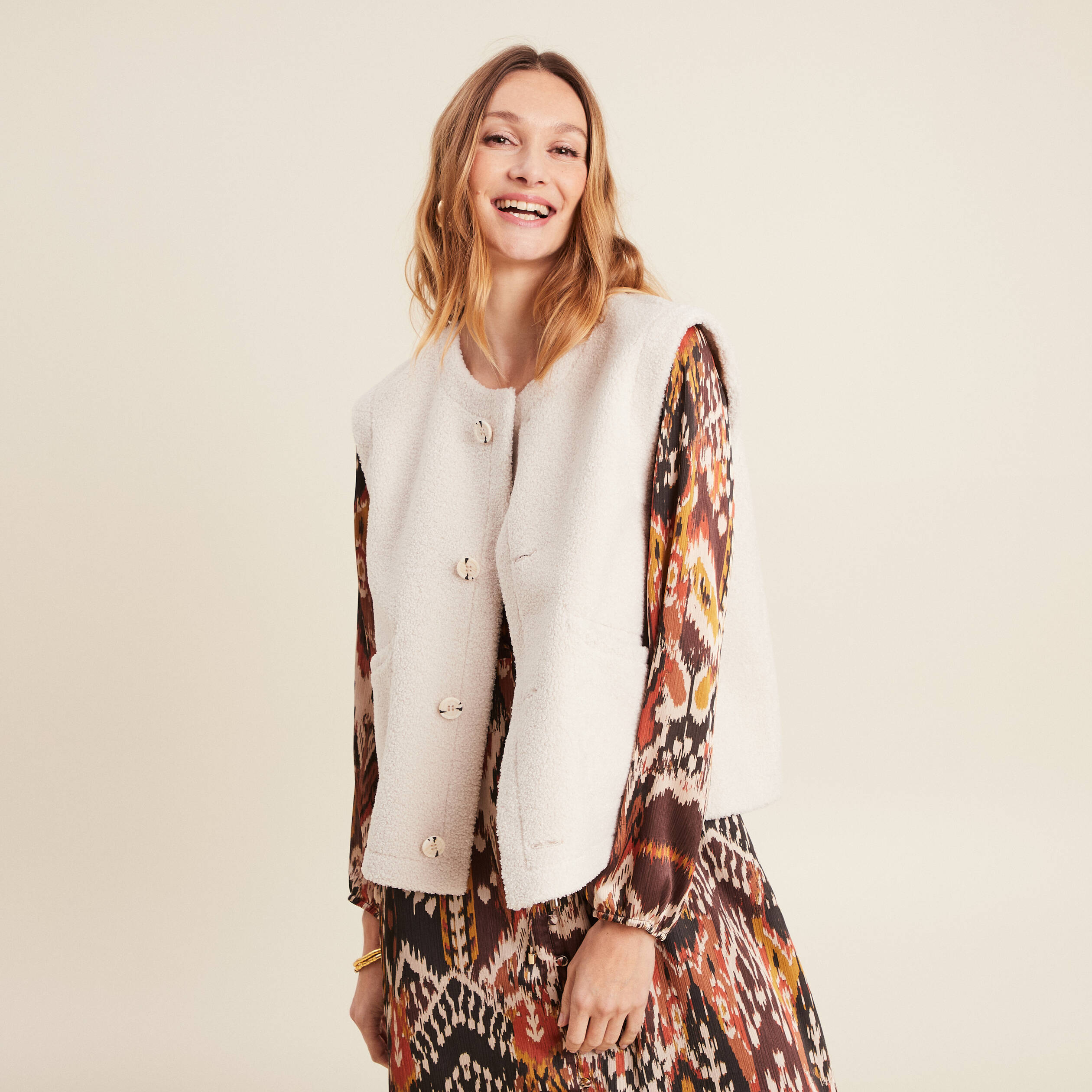 Gilet r&eacute;versible laine mouton beige femme