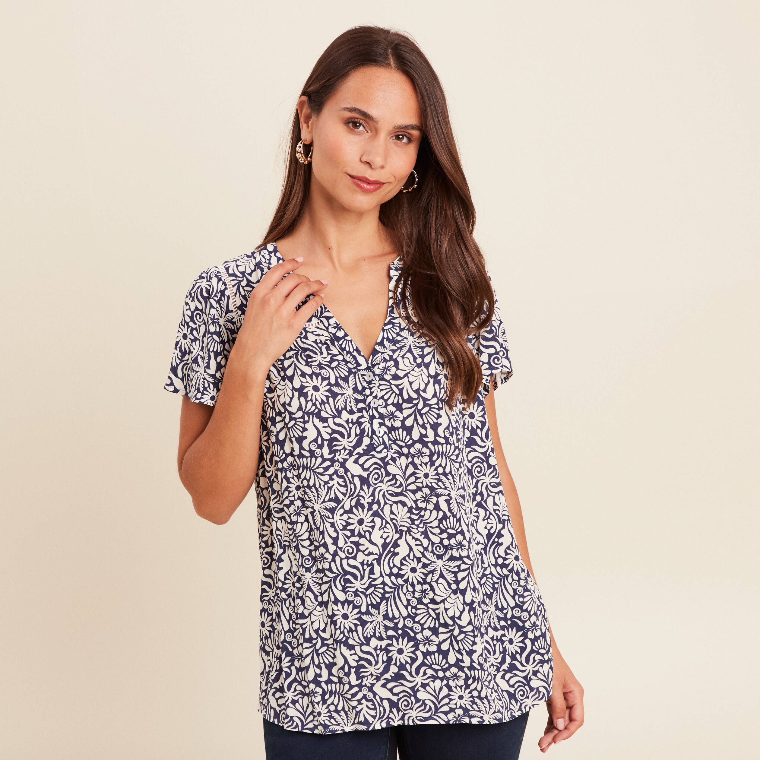 blouse fluide col v manches courtes bleu femme Blouse fluide col V manches courtes bleu femme