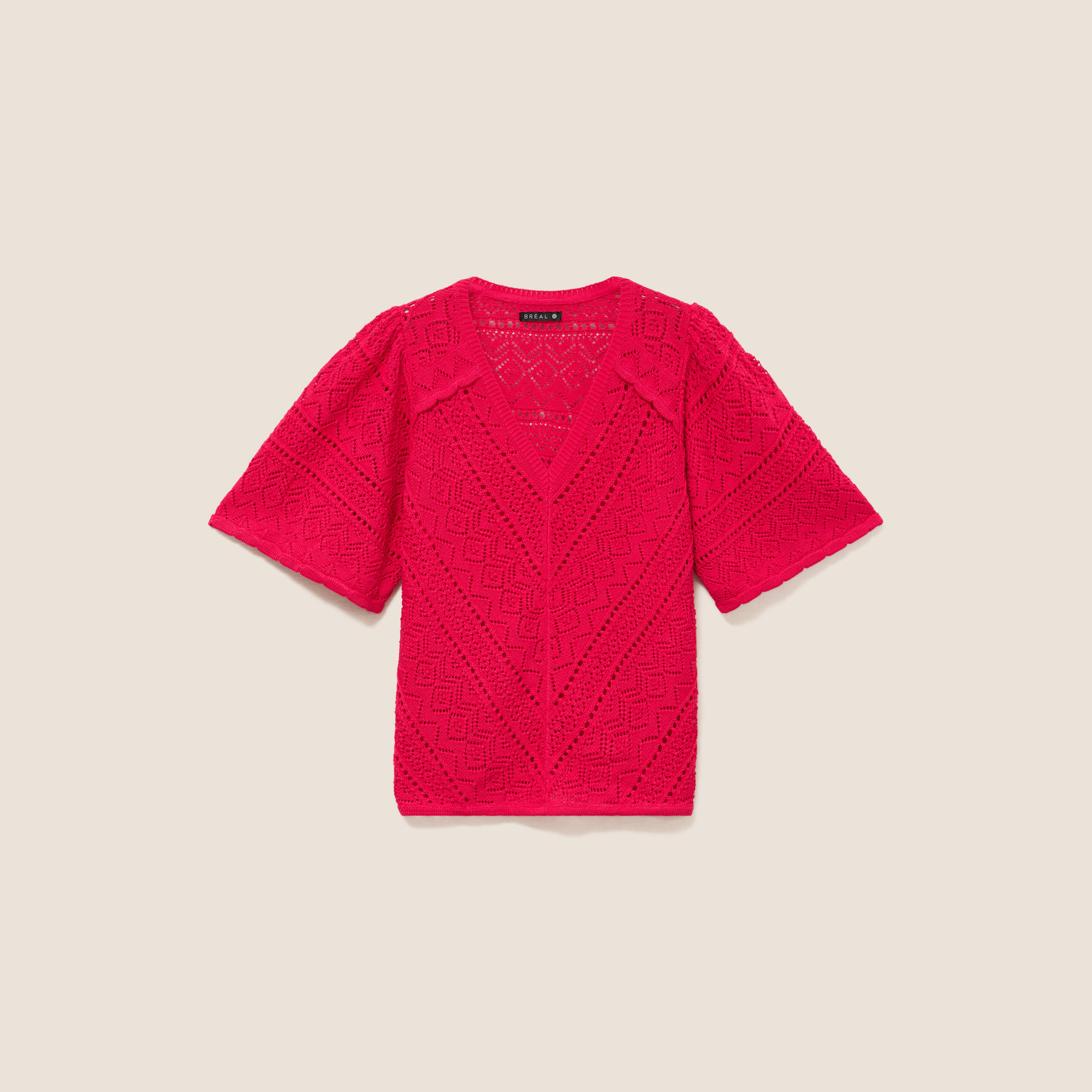 Pull ajour&eacute; col v manches courtes rose fushia femme