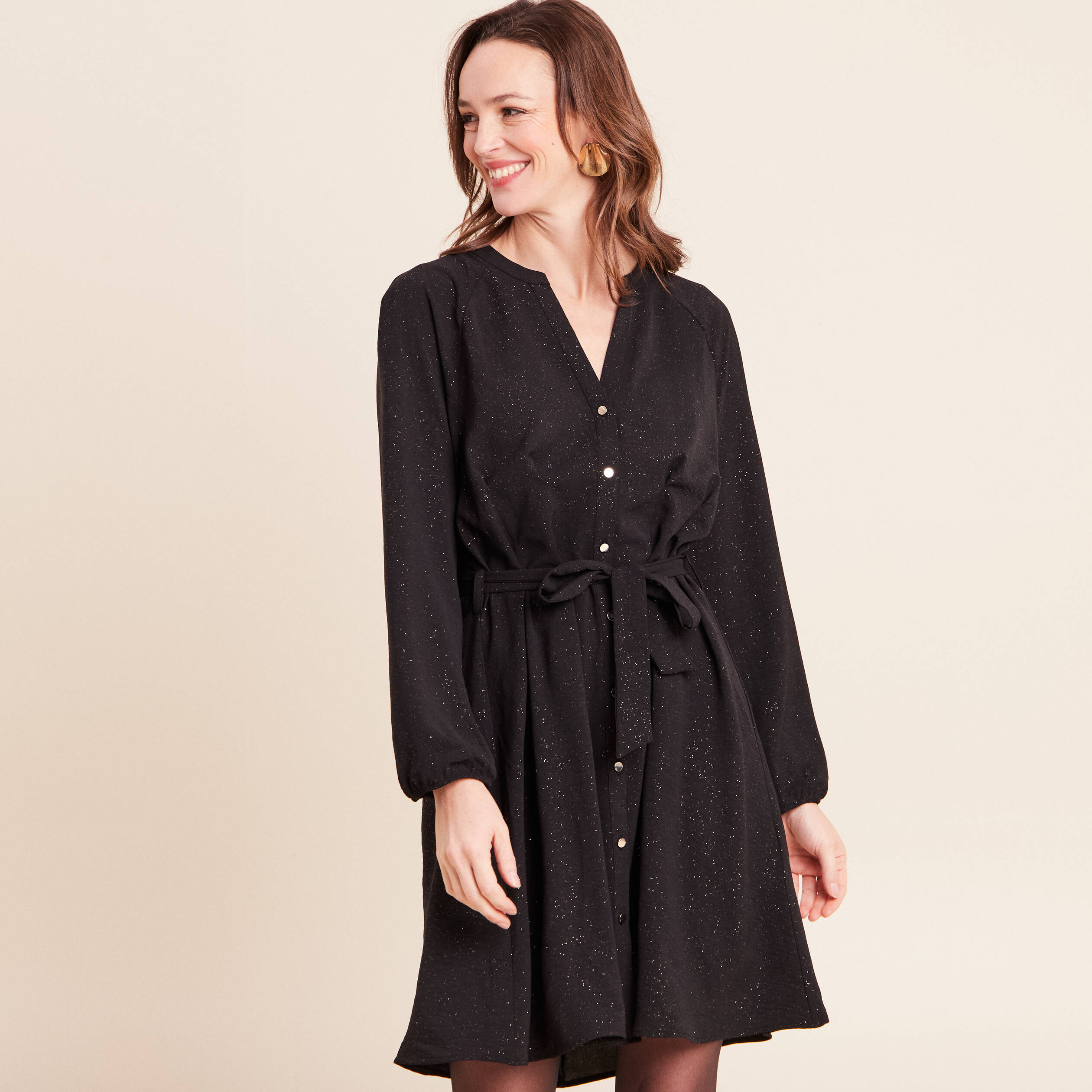 Robe courte col tunisien &agrave; paillettes noir femme