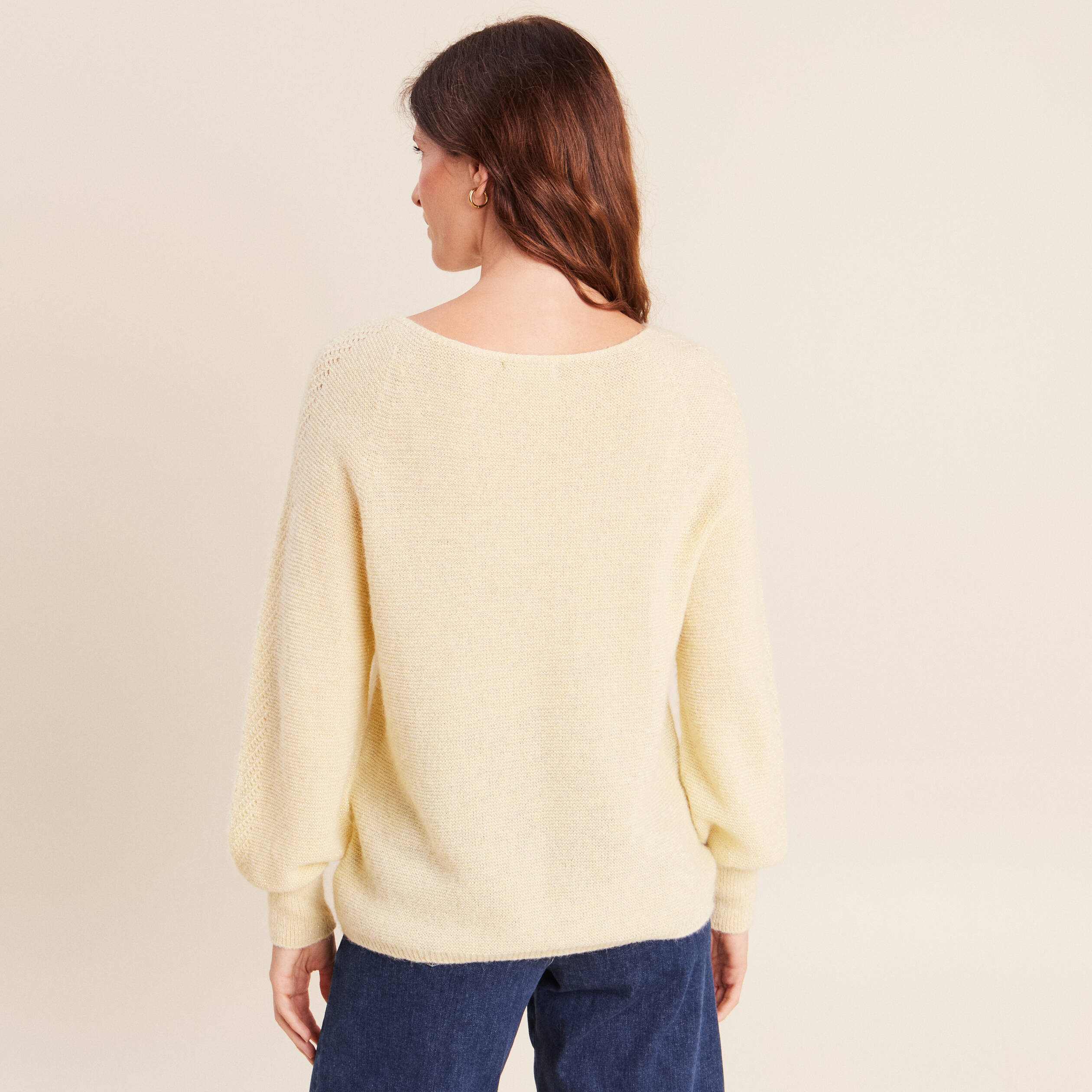 Pull droit col rond manches longues jaune pastel femme