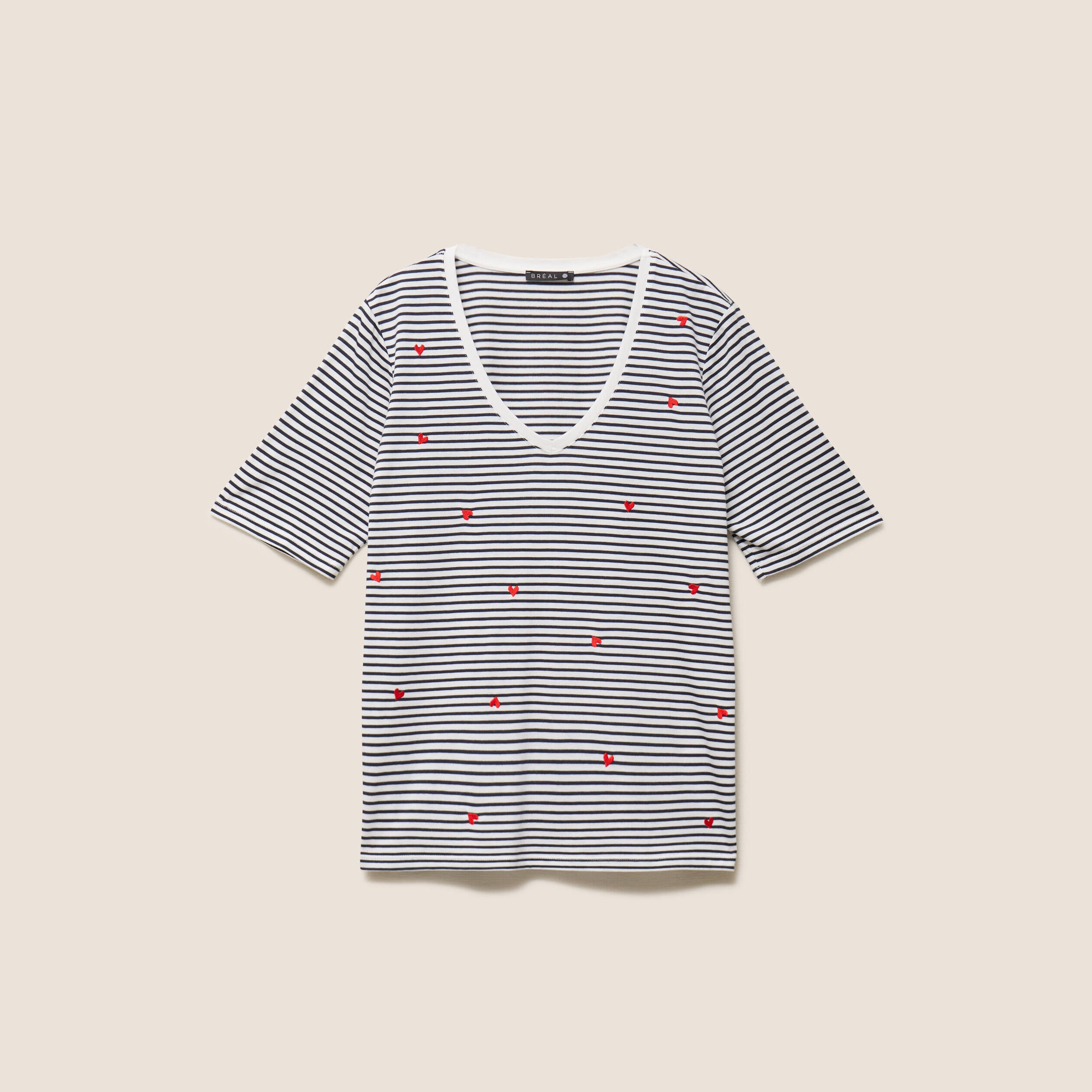 T-shirt droit broderie manches courtes bleu femme
