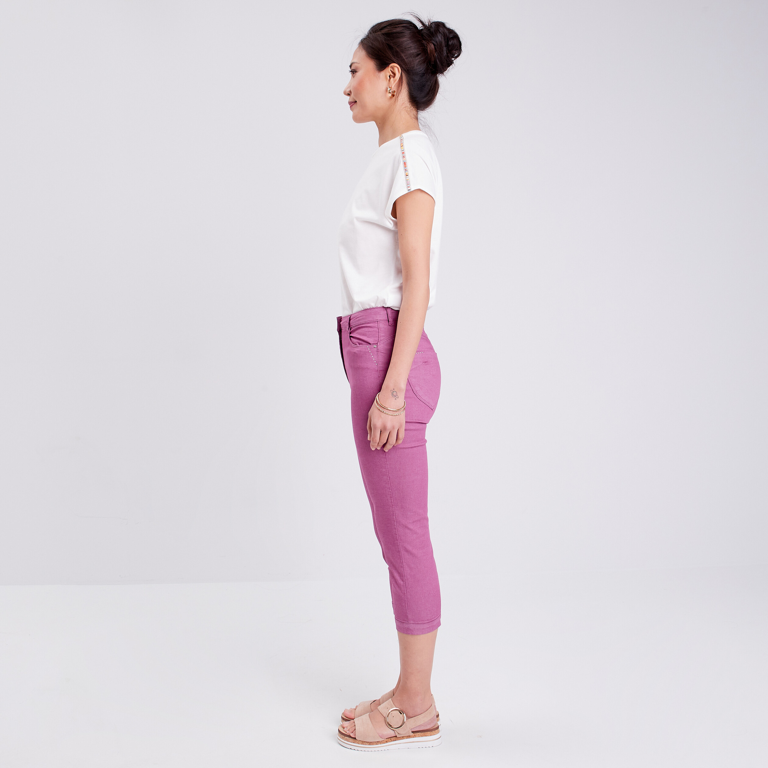 Pantacourt droit taille haute violet femme