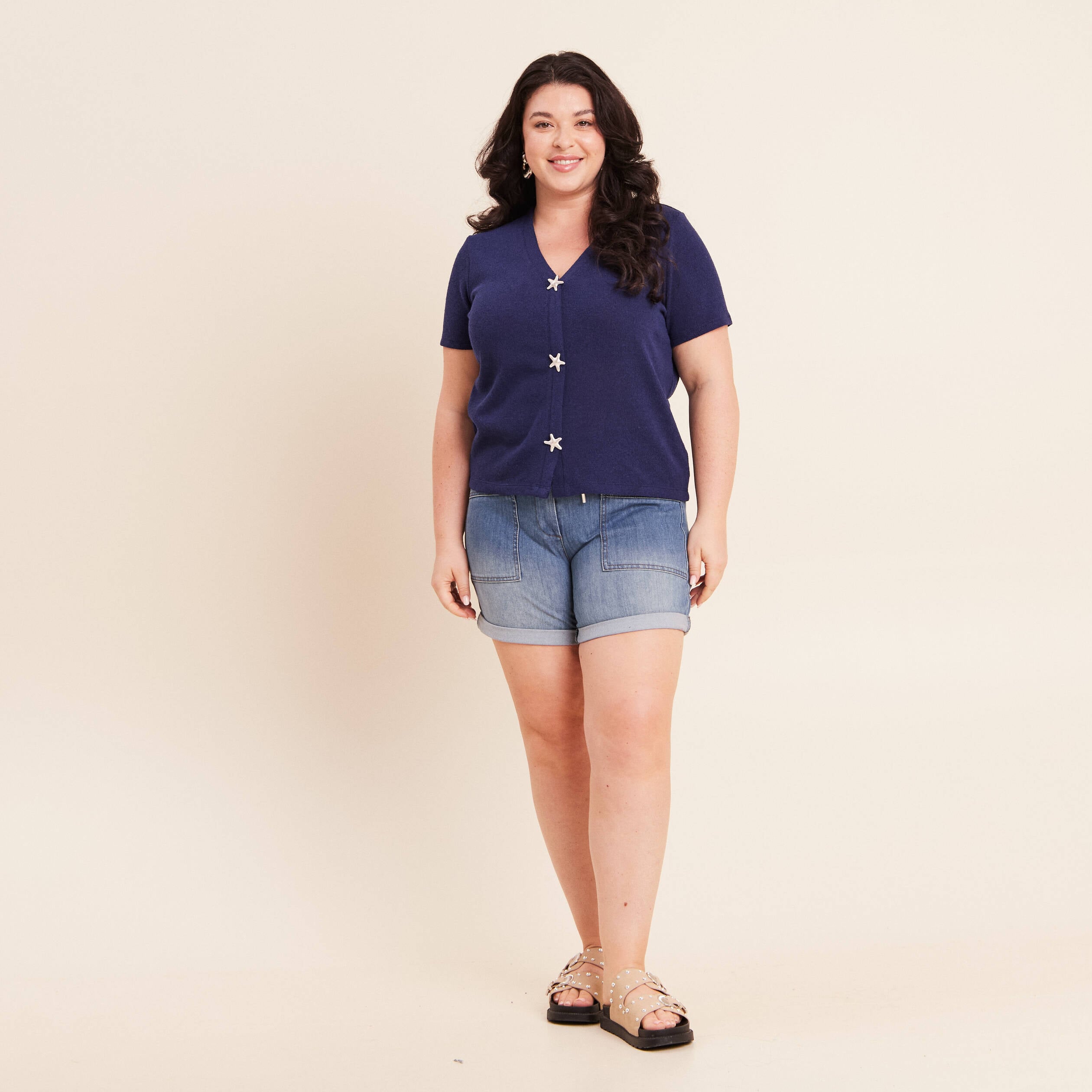 T-shirt col v manches courtes bleu marine femme