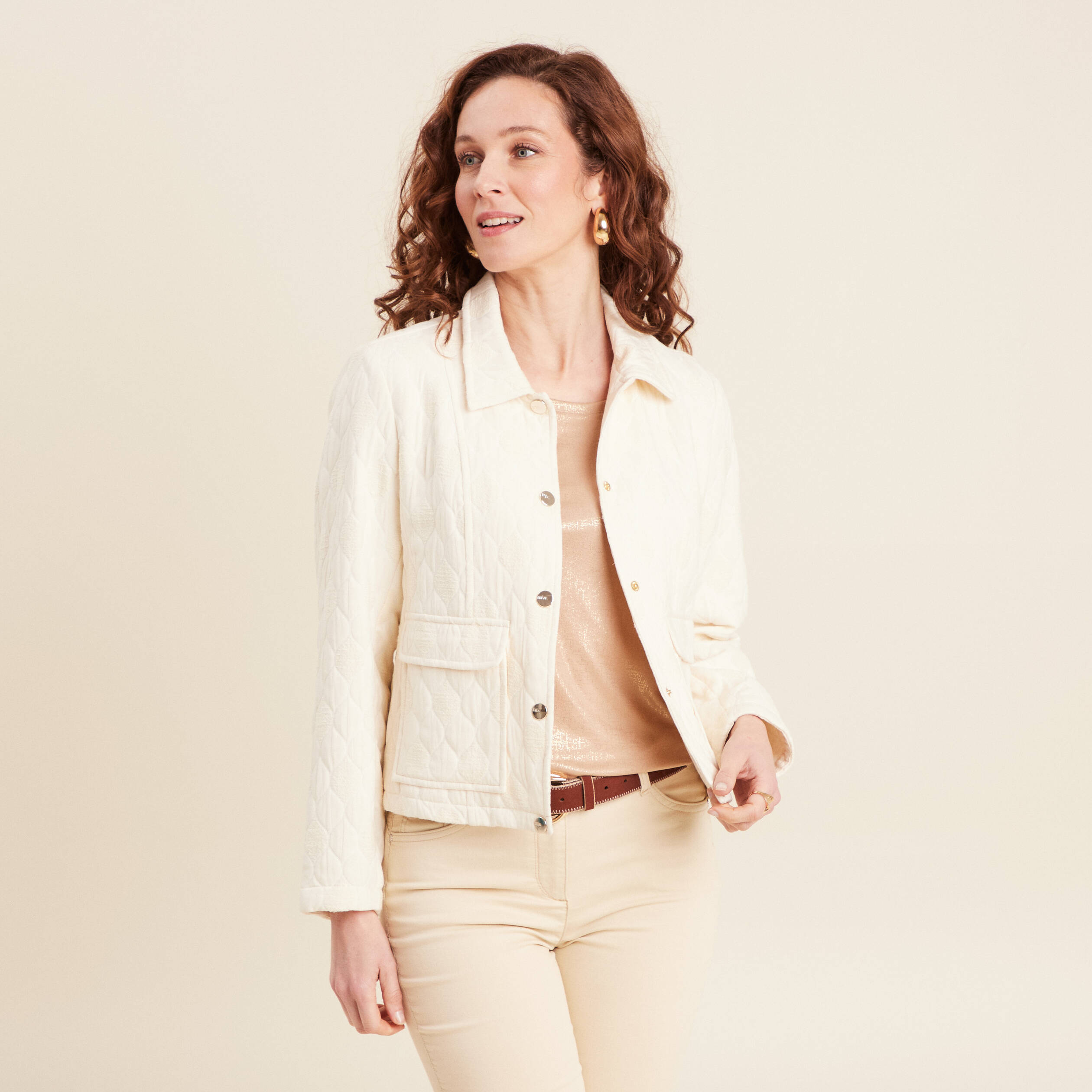 Blouson matelass&eacute; boutonn&eacute; ecru femme